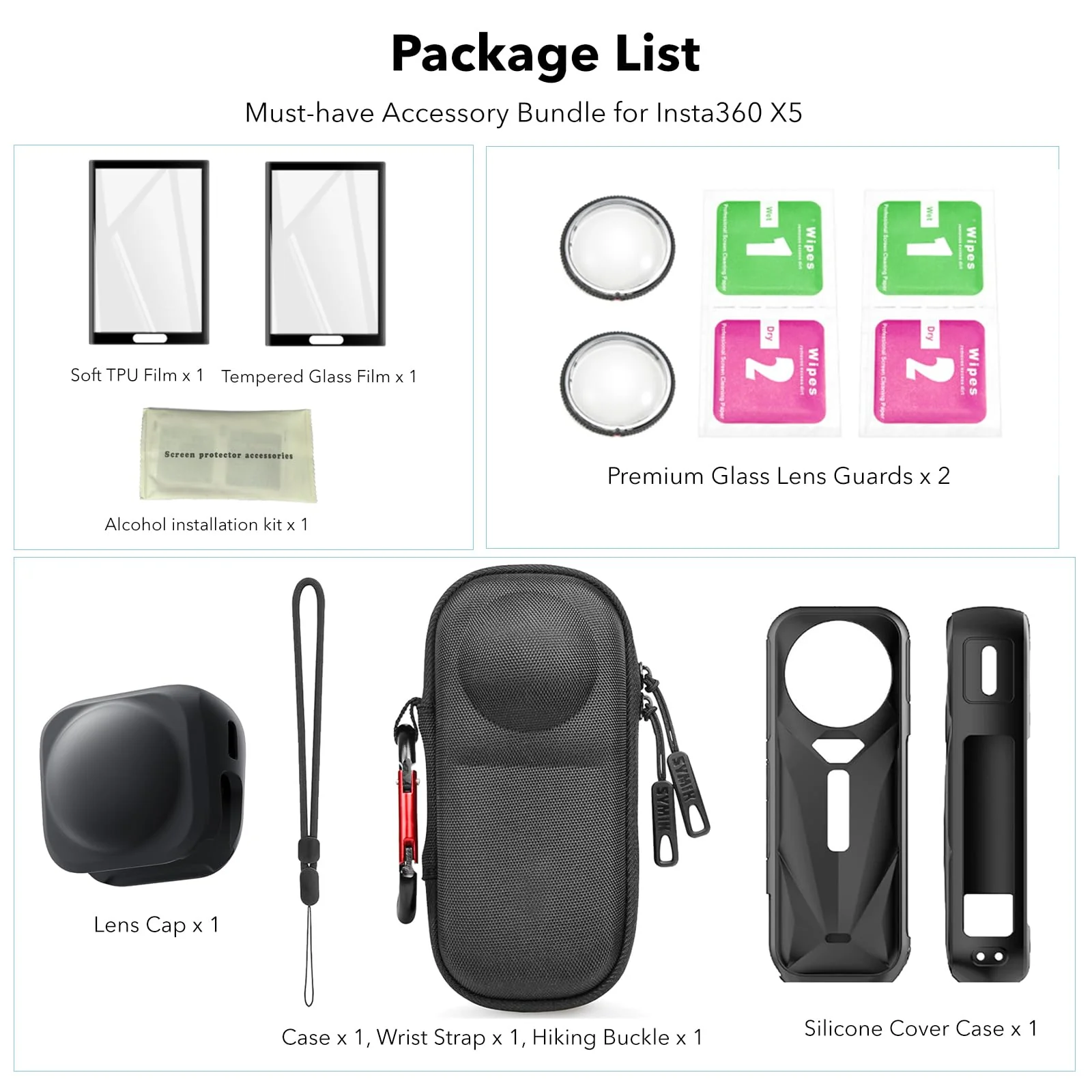 Essential Accessories with Portable Mini Carrying Case for Insta360 X5, Premium Lens Guards, Rubber Lens Cap, Silicone Sleeve Protective Case, Screen Protectors Compatible with Insta 360 X5 Accessory Kit -2 - Image 9