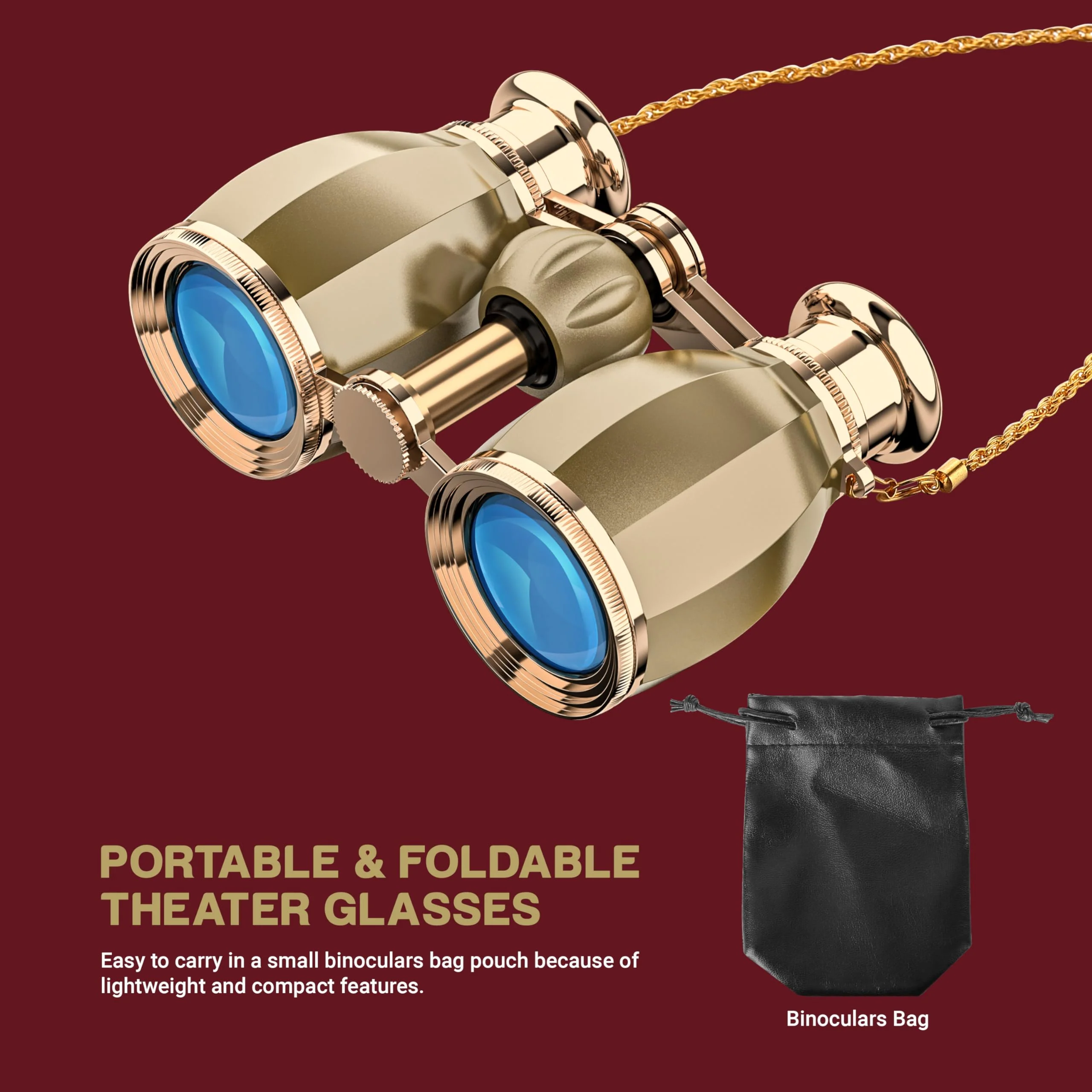 ESSLNB Opera Glasses Binoculars for Women Adults 4X30mm Theater Glasses Compact Binoculars for Theater and Concerts Antique Binoculars with Case Removable Chain (Gold) Gold - Image 8