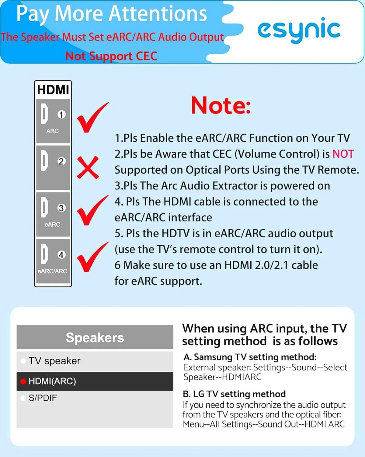 eSynic 192KHZ eARC to Optical Converter-Integrated Cable Designed-5 ft Long-USB Powerd eARC/ARC Audio Extractor-Plug& Play-Dolby5.1 & DTS 5.1 Formats-Only from HDTV to Optical Soundbar-No CEC - Image 5