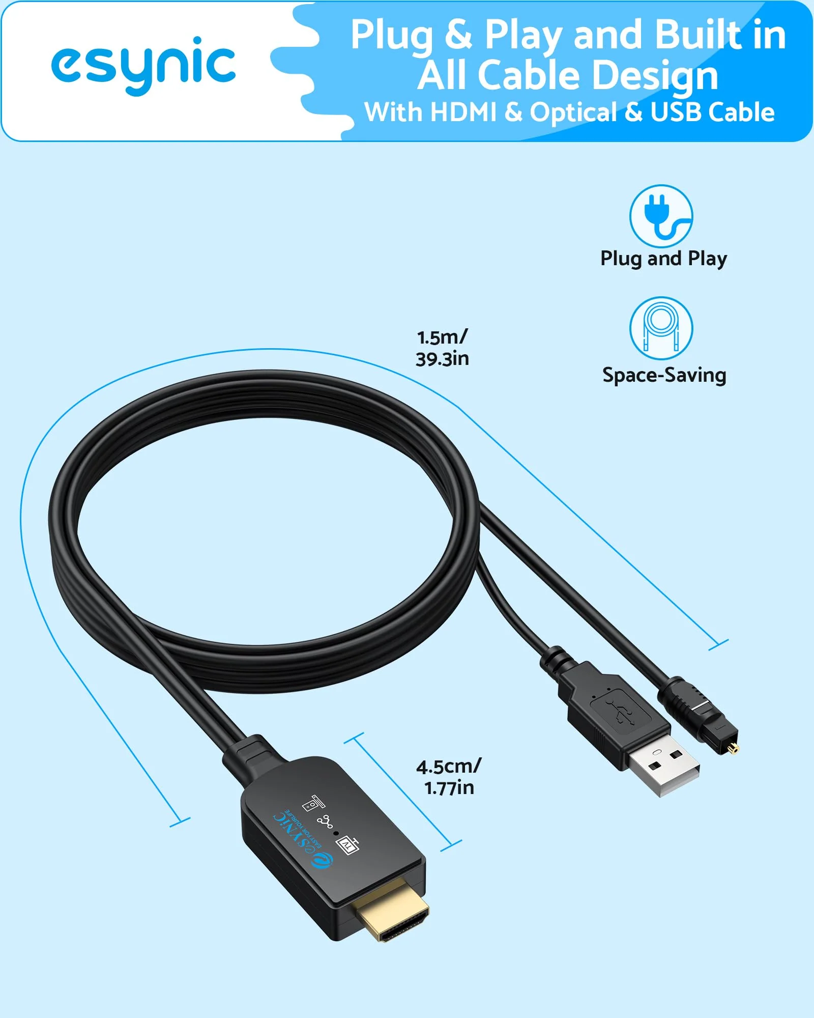eSynic 192KHZ eARC to Optical Converter-Integrated Cable Designed-5 ft Long-USB Powerd eARC/ARC Audio Extractor-Plug& Play-Dolby5.1 & DTS 5.1 Formats-Only from HDTV to Optical Soundbar-No CEC - Image 7