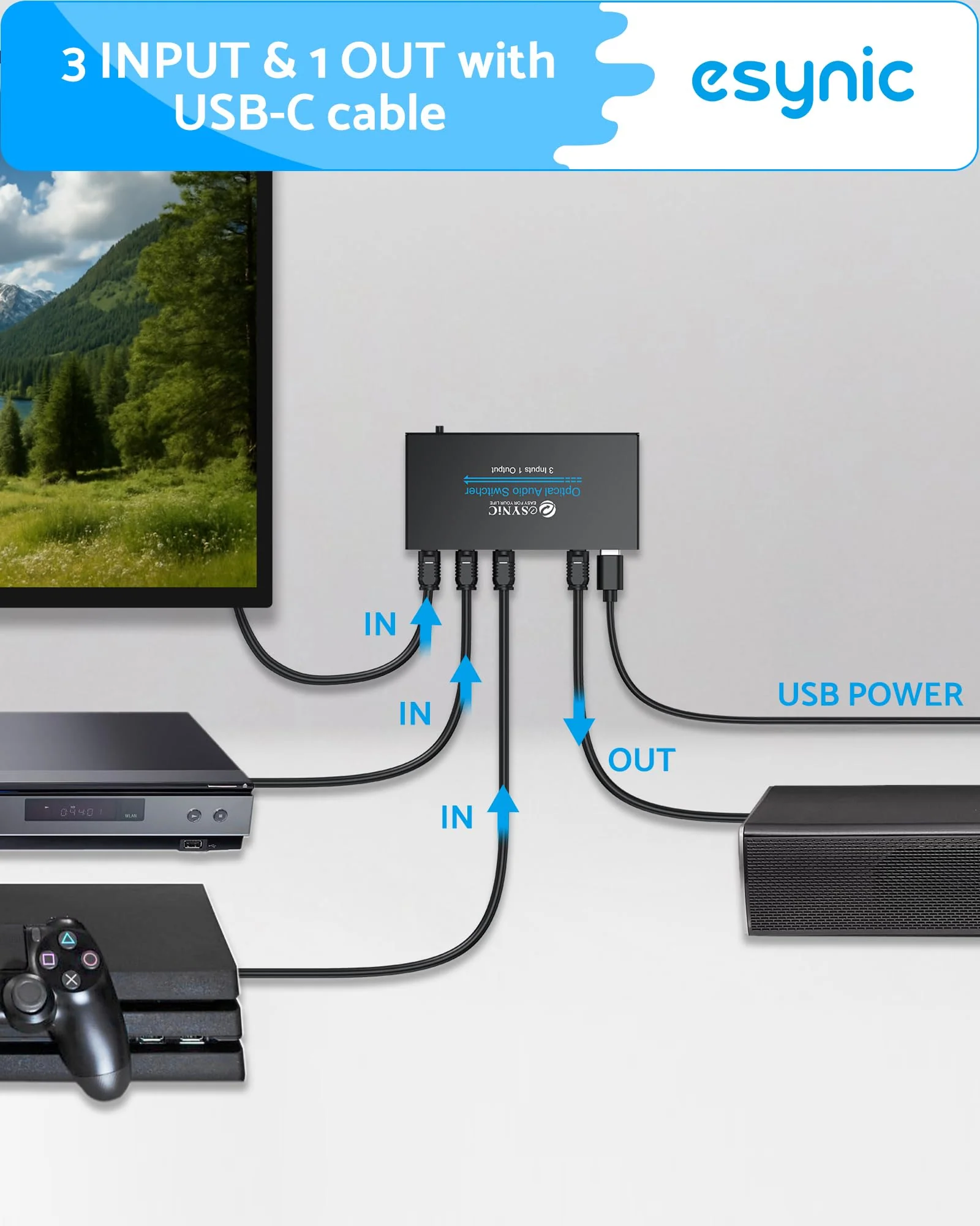 eSynic Portable Digital Optical Audio Switcher 3 In1 Out SPDIF Switcher Aluminum Alloy TOSLINK Audio Switch with 3.28ft Optical Cable Support IR Remote Control from PS4 Blue-Ray DVD HDTV to Soundbar - Image 5