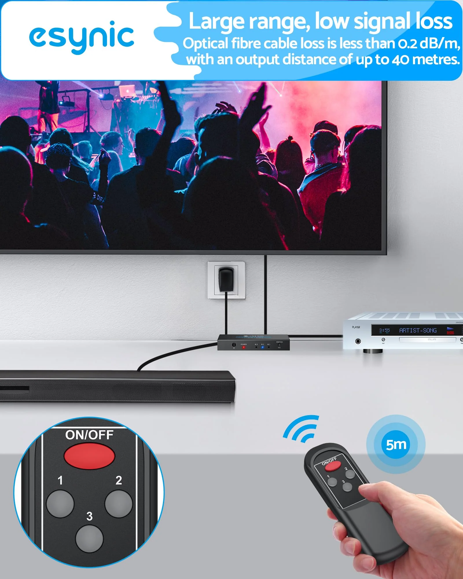 eSynic Portable Digital Optical Audio Switcher 3 In1 Out SPDIF Switcher Aluminum Alloy TOSLINK Audio Switch with 3.28ft Optical Cable Support IR Remote Control from PS4 Blue-Ray DVD HDTV to Soundbar - Image 6