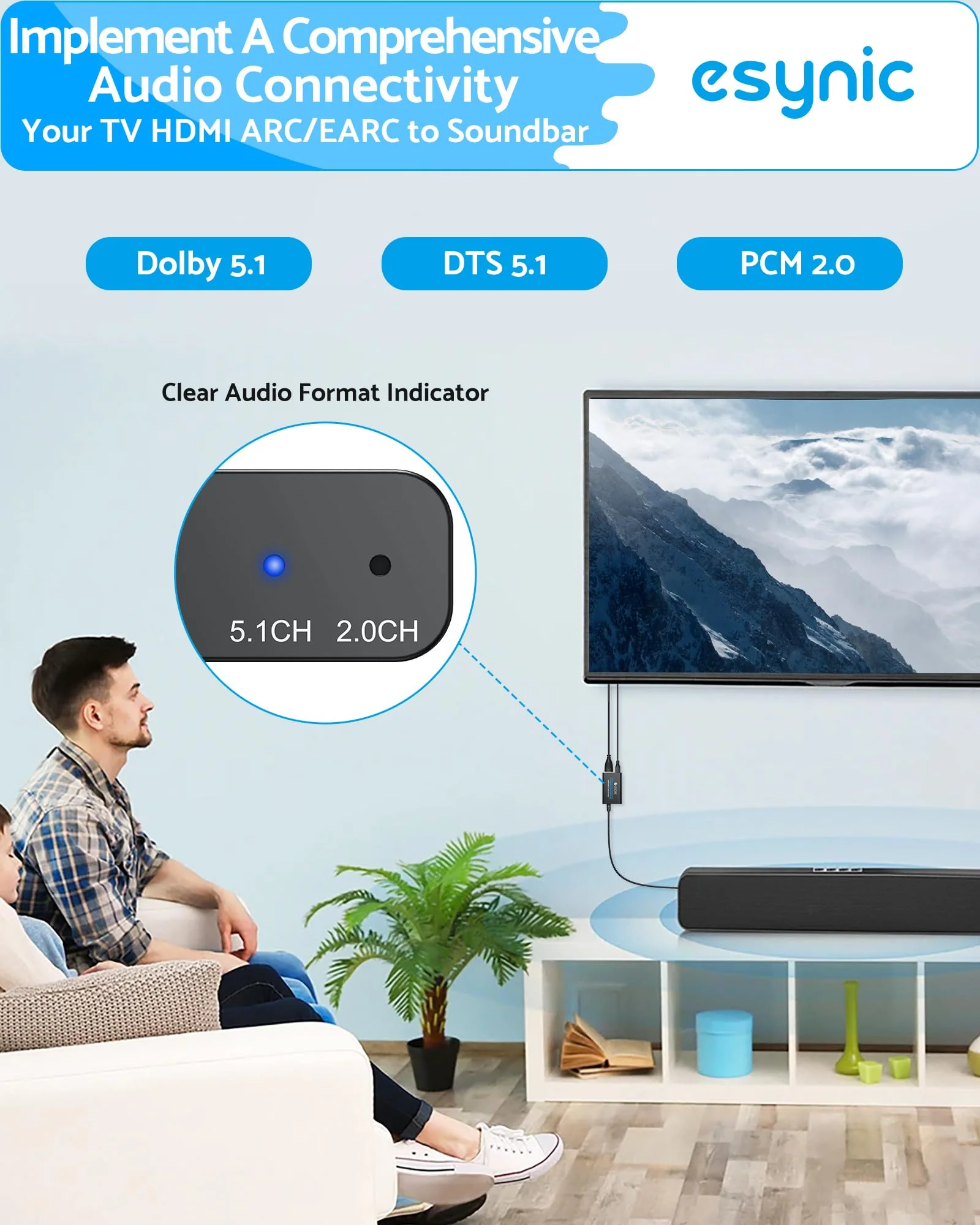 eSynic Professional eARC Audio Extractor-Only Work for HDTV ARC/eARC Ports-192KHZ ARC to Optical Audio Adapter-Easy to Setup-7ft Long-Dolby5.1 & DTS 5.1 Formats-from HDTV to Optical Soundbar-No CEC - Image 5
