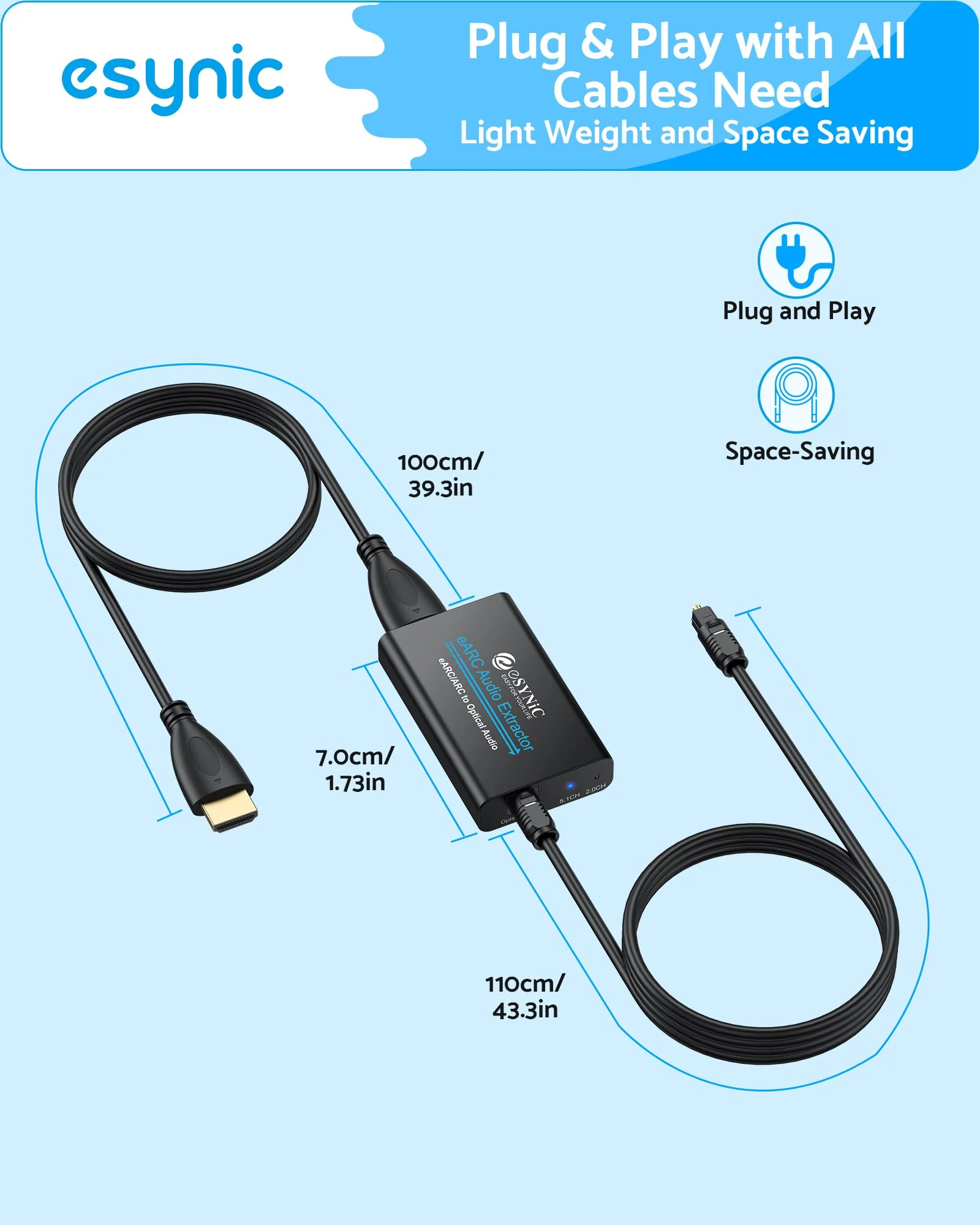 eSynic Professional eARC Audio Extractor-Only Work for HDTV ARC/eARC Ports-192KHZ ARC to Optical Audio Adapter-Easy to Setup-7ft Long-Dolby5.1 & DTS 5.1 Formats-from HDTV to Optical Soundbar-No CEC - Image 8