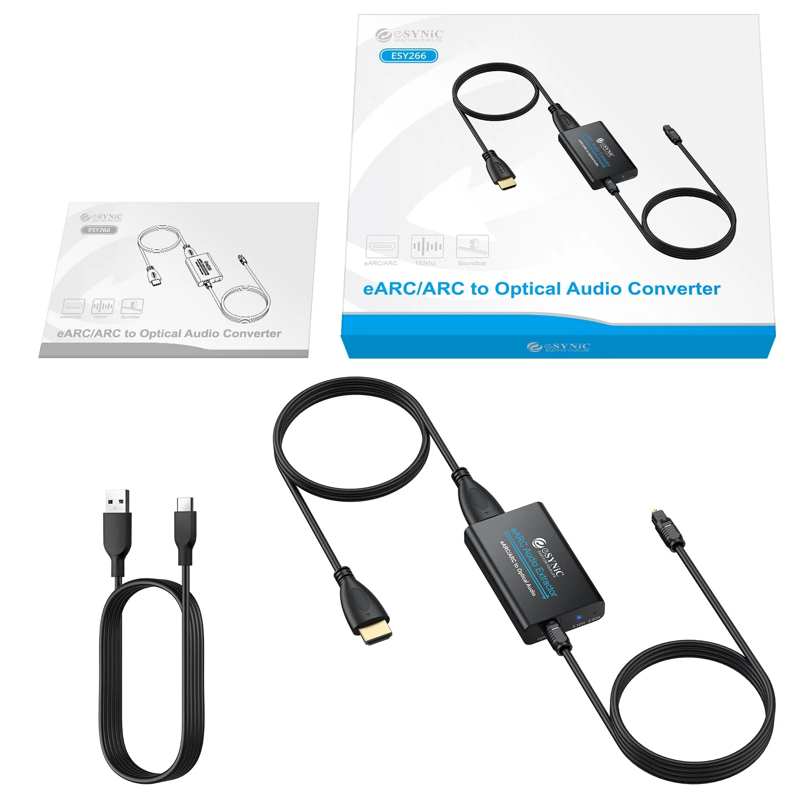 eSynic Professional eARC Audio Extractor-Only Work for HDTV ARC/eARC Ports-192KHZ ARC to Optical Audio Adapter-Easy to Setup-7ft Long-Dolby5.1 & DTS 5.1 Formats-from HDTV to Optical Soundbar-No CEC - Image 9