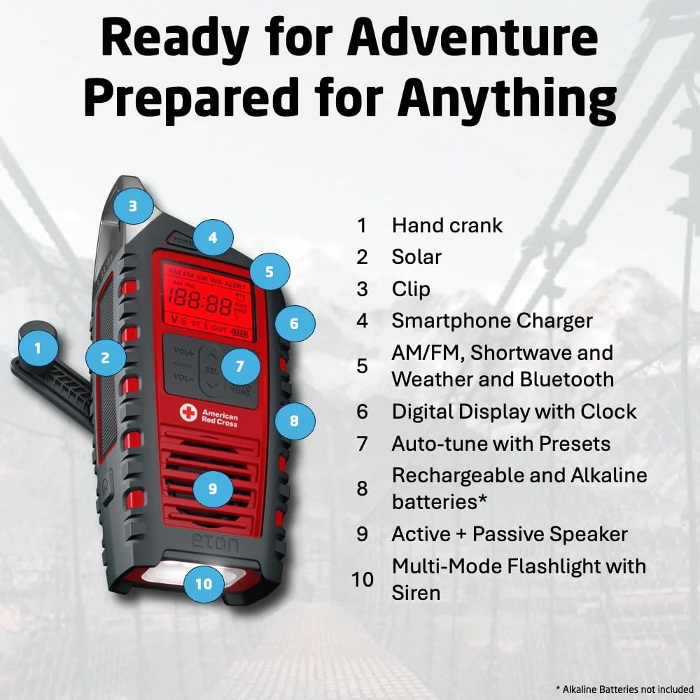 Eton Odyssey Multi-Powered All-Band Bluetooth Emergency Radio with RDS, Red - Image 5