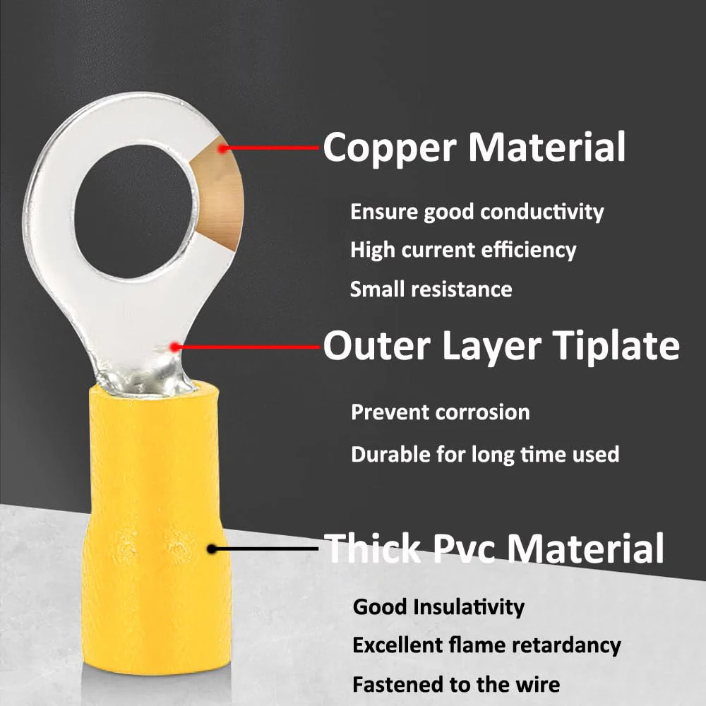 ETOPARS Pack of 100 Yellow M6 Ring Cable Lugs Copper 6.4 mm Hole Ring Cable Lugs 10-12AWG Insulated Electrical Connection Terminal Cable Connector Crimp Connectors M6 Loch Yellow 12-10awg - Image 2