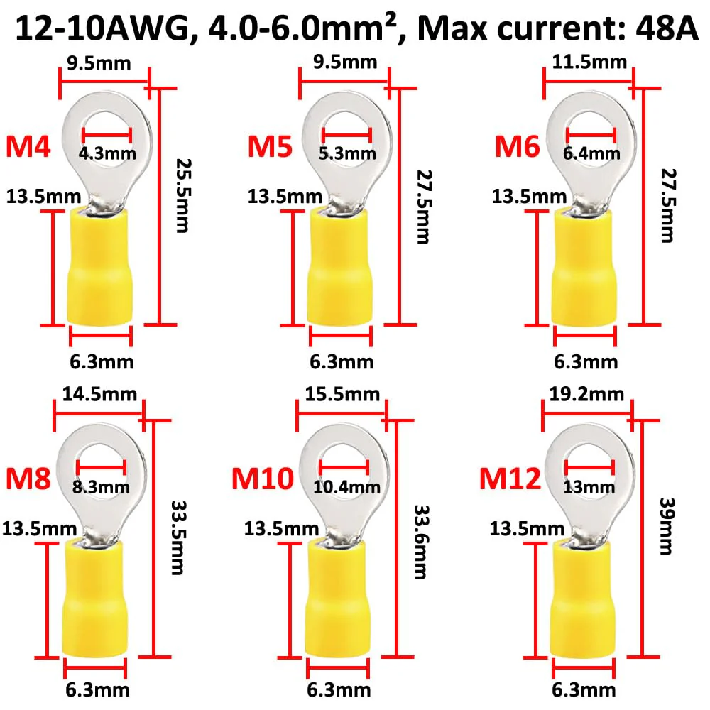 ETOPARS Pack of 100 Yellow M6 Ring Cable Lugs Copper 6.4 mm Hole Ring Cable Lugs 10-12AWG Insulated Electrical Connection Terminal Cable Connector Crimp Connectors M6 Loch Yellow 12-10awg - Image 6