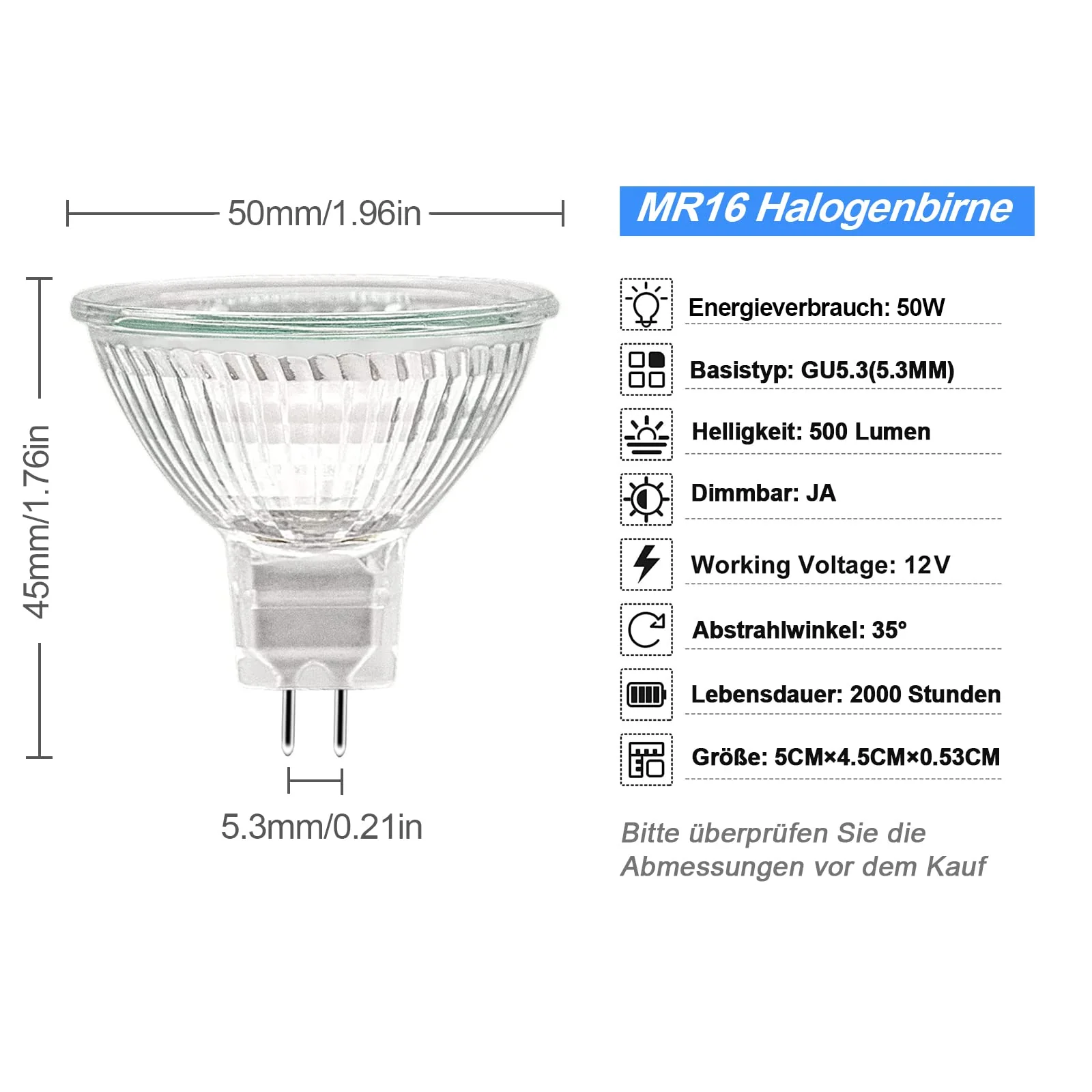 ETUOLMP Halogen MR16 Gu5.3 Halogen Light Bulb Dimmable 12 V 50 W Warm White 2700 K for Halogen Spotlight Installation Rail Lighting Pack of 6 MR16-50W - Image 3