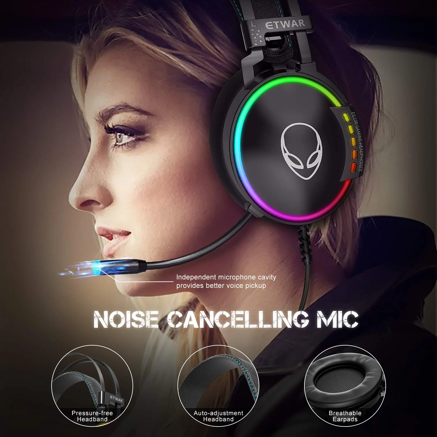 ETWAR EG100 USB Wired Gaming Headset for PC, 7.1 Surround Sound,Computer Headphones with Microphone/Mic Noise Cancelling, Video Gaming, RGB Flowing Light - for PS4, PS5,Laptop - Image 3