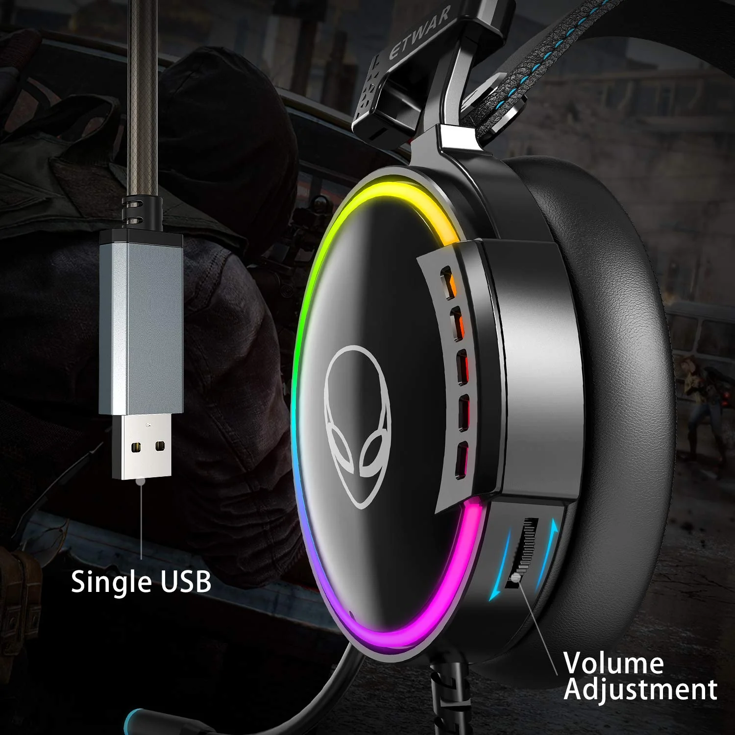 ETWAR EG100 USB Wired Gaming Headset for PC, 7.1 Surround Sound,Computer Headphones with Microphone/Mic Noise Cancelling, Video Gaming, RGB Flowing Light - for PS4, PS5,Laptop - Image 5