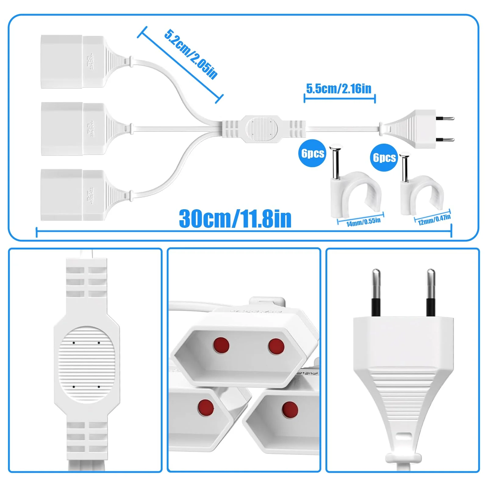 EU Extension Plug Extension Cable Euro Plug, 3-in-1 Socket Adapter with Flexible Cable, Euro Flat Power Cable Extension, 2 m EU Flat Plug Distributor, 250 V, White 3 in 1 socket adapter - Image 4