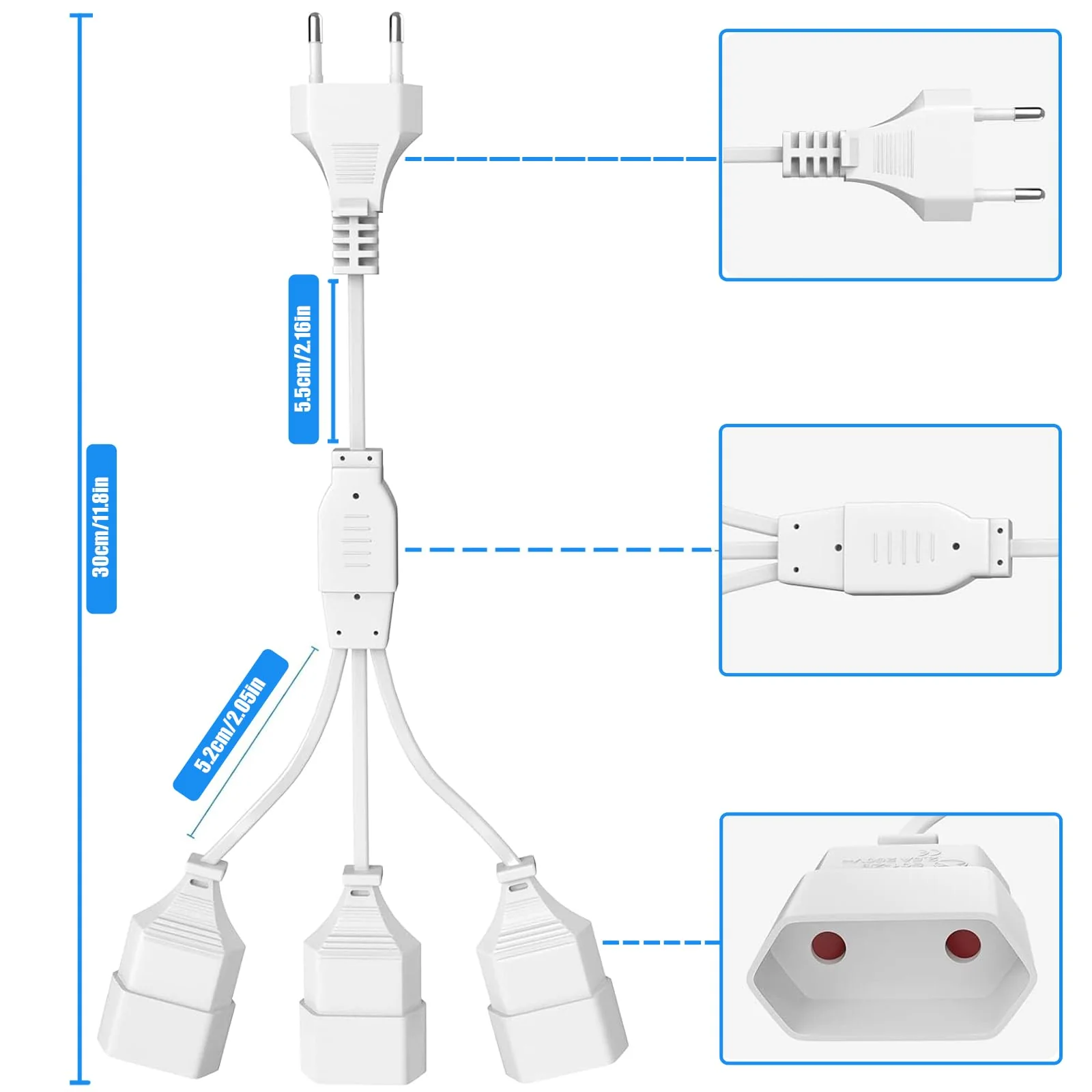 EU Extension Plug Extension Cable Euro Plug, 3-in-1 Socket Adapter with Flexible Cable, Euro Flat Power Cable Extension, 2 m EU Flat Plug Distributor, 250 V, White 3 in 1 socket adapter - Image 5