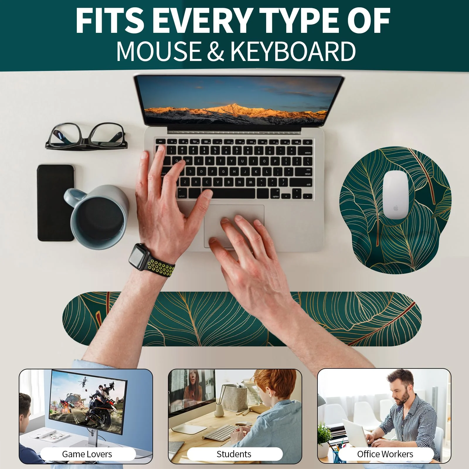 eulps Mouse Pad Wrist Support, Ergonomic Memory Foam Keyboard Wrist Pad & Gel Wrist Rest Set for Computer Keyboard for Easy Typing & Pain Relief for Office & Home (Tropical Plants Set) Tropical Plants Set - Image 5
