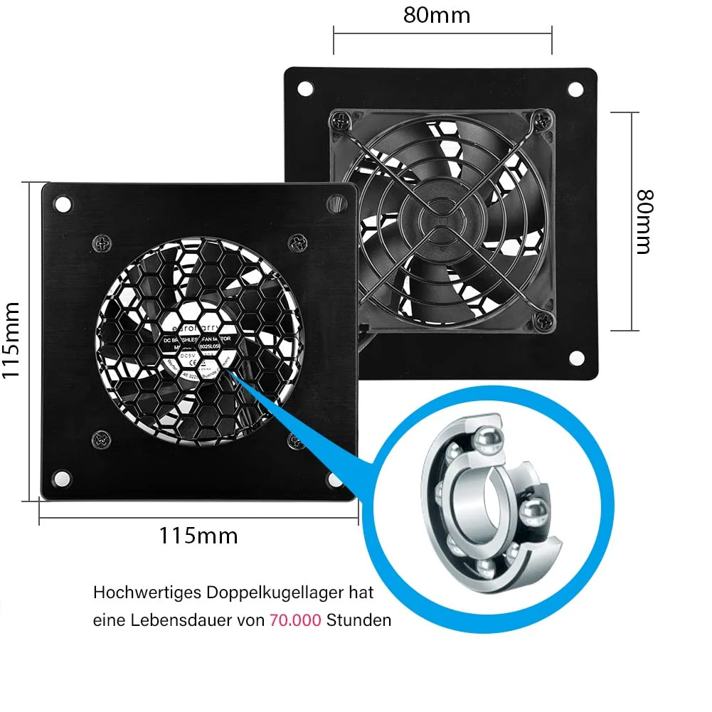 euroharry 80 mm Digital Display, Temperature-Controlled Quiet Fan System, 1 x Temperature Controlled + 1 x USB Fan, 5 V Fan with Modern Brushed Black Aluminium Frame for Home Cinema AV Cabinets - Image 3