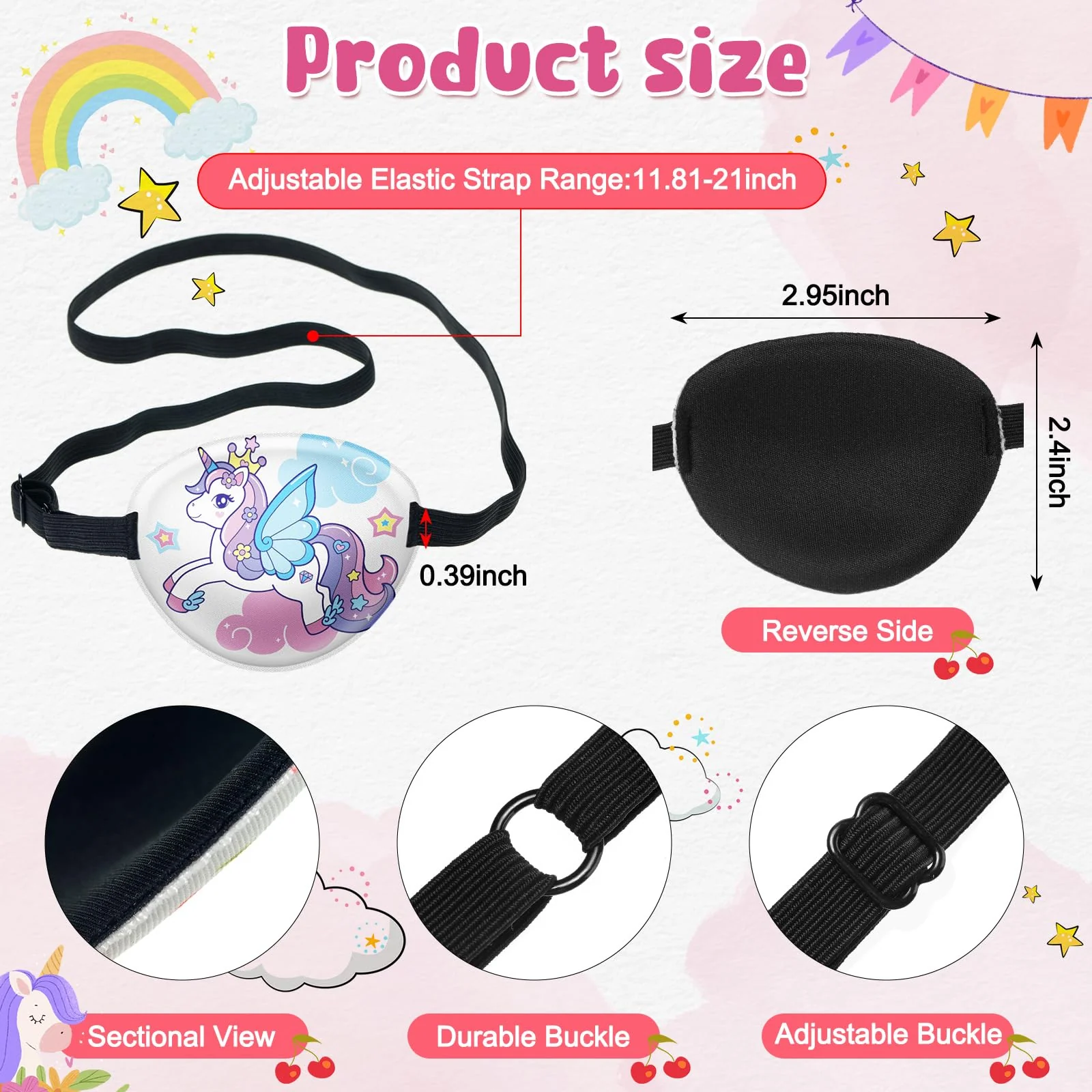 Eurzom 8 Pcs Eye Patches for Kids Adjustable Single Eye Patch Reusable Cute Girls Boys Eye Patch with Elastic Strap for Lazy Eye Either Eye Left or Right Eyepatch, Various Patterns (Unicorn Style) Unicorn Style - Image 2