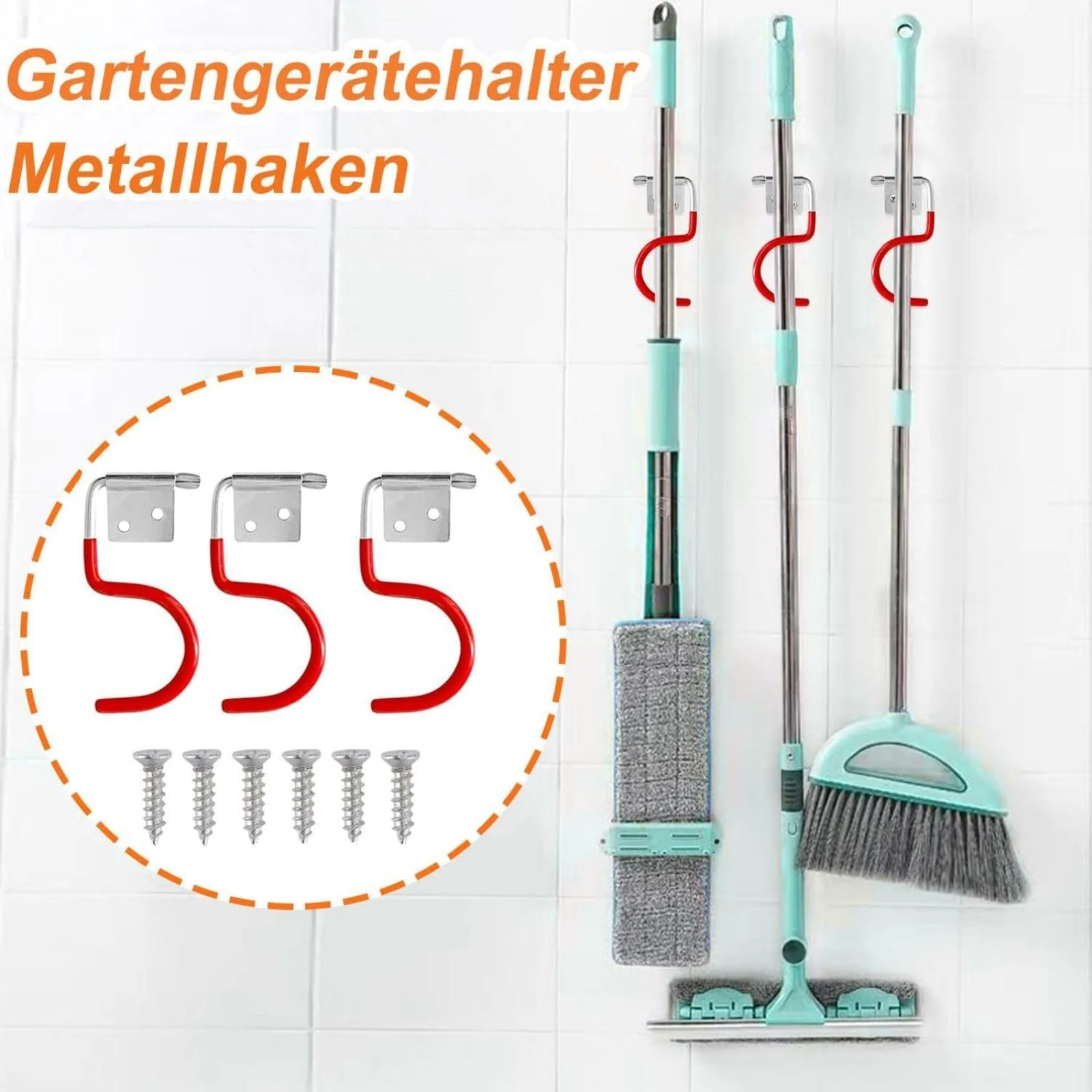 EVDZNA Metal Hook Tool Holder 15 Pieces, Red, Tool Holder, Broom Holder, Garden Tools Hanging, Multifunctional System, Holder for Garden Tools & Electrical Appliances, Metal Hooks, Rubberised Handle - Image 3