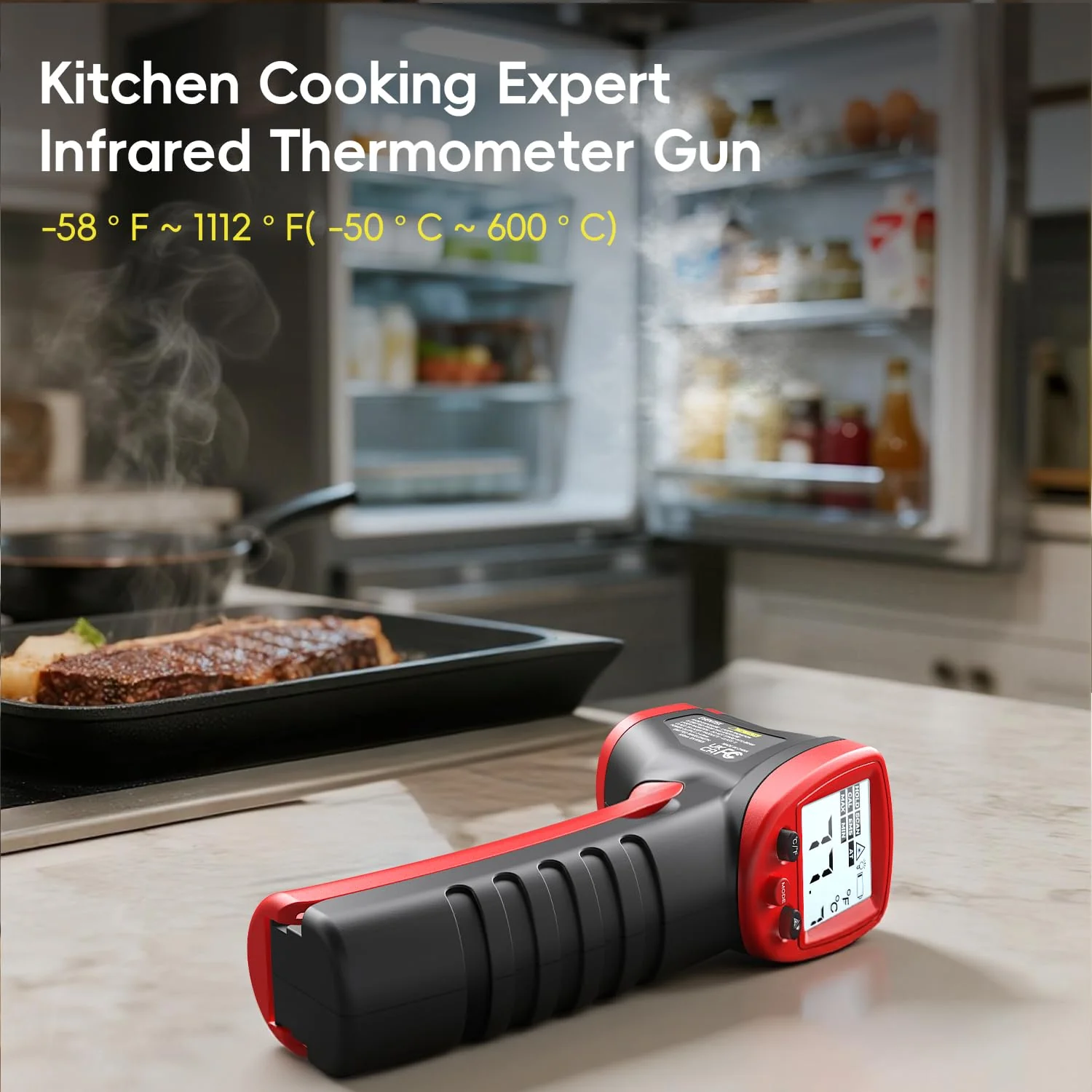 Eventek Infrared Thermometer Gun -50 ° C ~ 600 ° C (-58 ° F ~ 1112 ° F), Non-Contact Laser Thermometer Gun for Cooking, Pizza Oven, Fridge, Temperature Gun with Adjustable Emissivity(NOT for Humans) Red -50°C~600°C (-58℉~1112℉) - Image 2