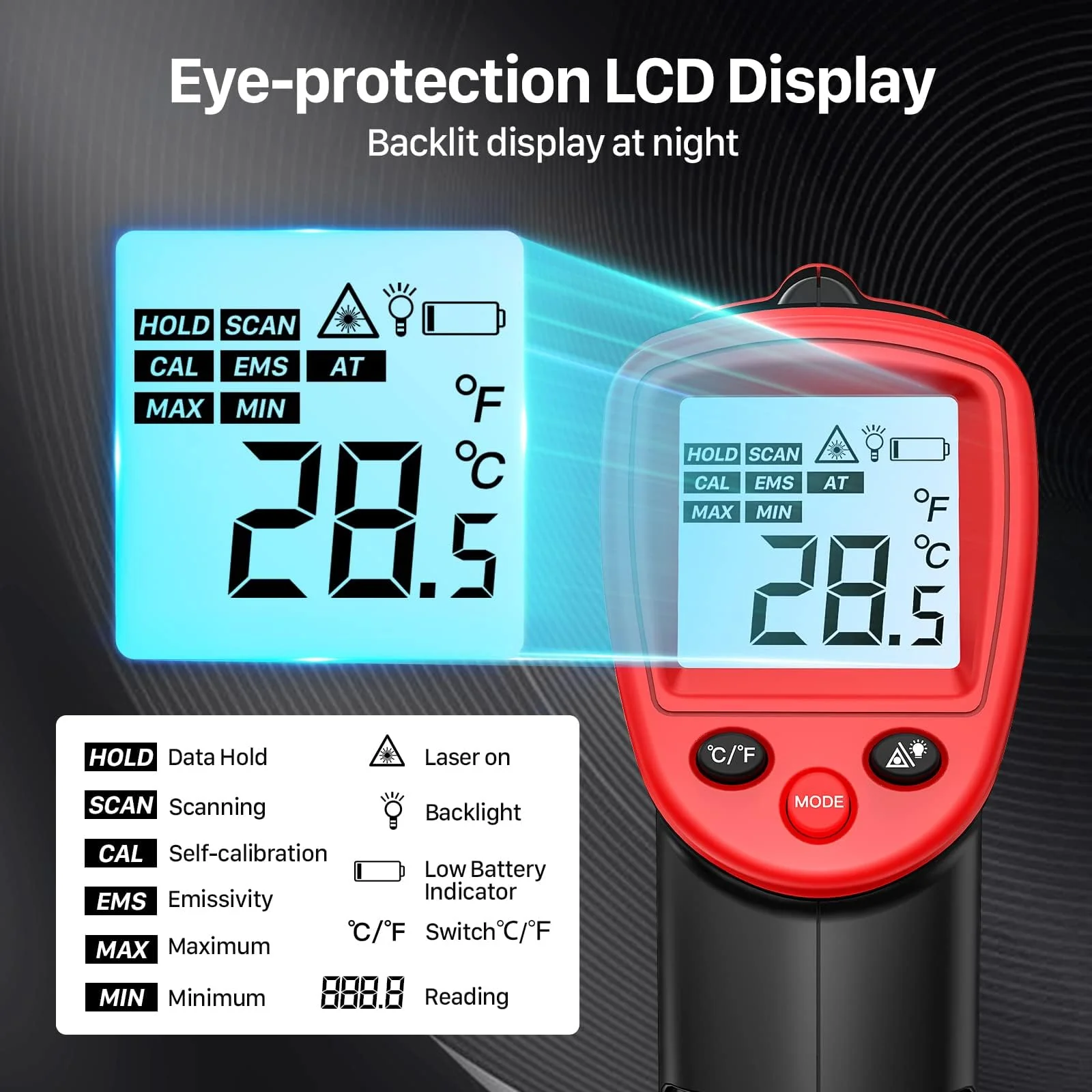 Eventek Infrared Thermometer Gun -50 ° C ~ 600 ° C (-58 ° F ~ 1112 ° F), Non-Contact Laser Thermometer Gun for Cooking, Pizza Oven, Fridge, Temperature Gun with Adjustable Emissivity(NOT for Humans) Red -50°C~600°C (-58℉~1112℉) - Image 6