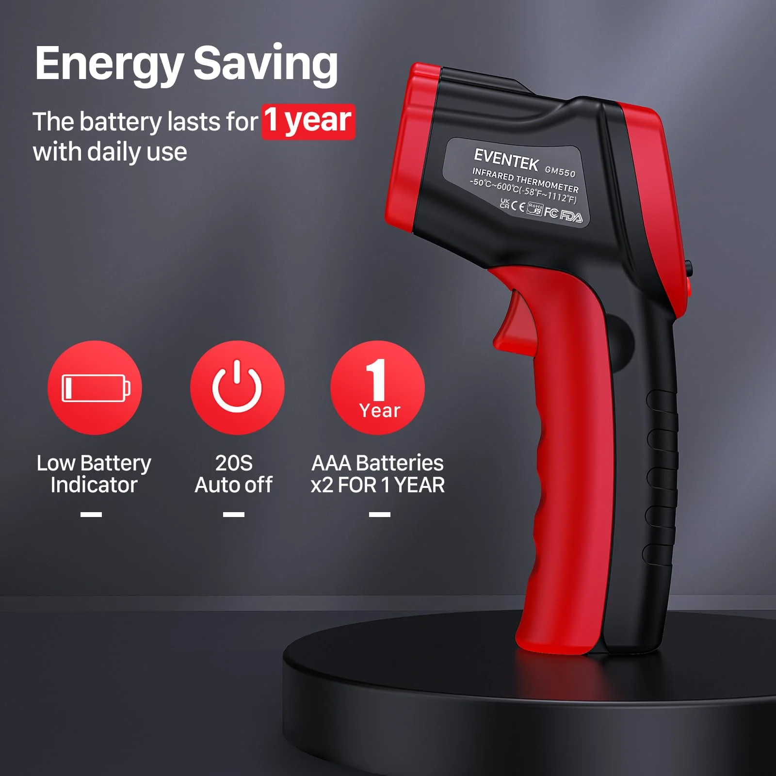 Eventek Infrared Thermometer Gun -50 ° C ~ 600 ° C (-58 ° F ~ 1112 ° F), Non-Contact Laser Thermometer Gun for Cooking, Pizza Oven, Fridge, Temperature Gun with Adjustable Emissivity(NOT for Humans) Red -50°C~600°C (-58℉~1112℉) - Image 7