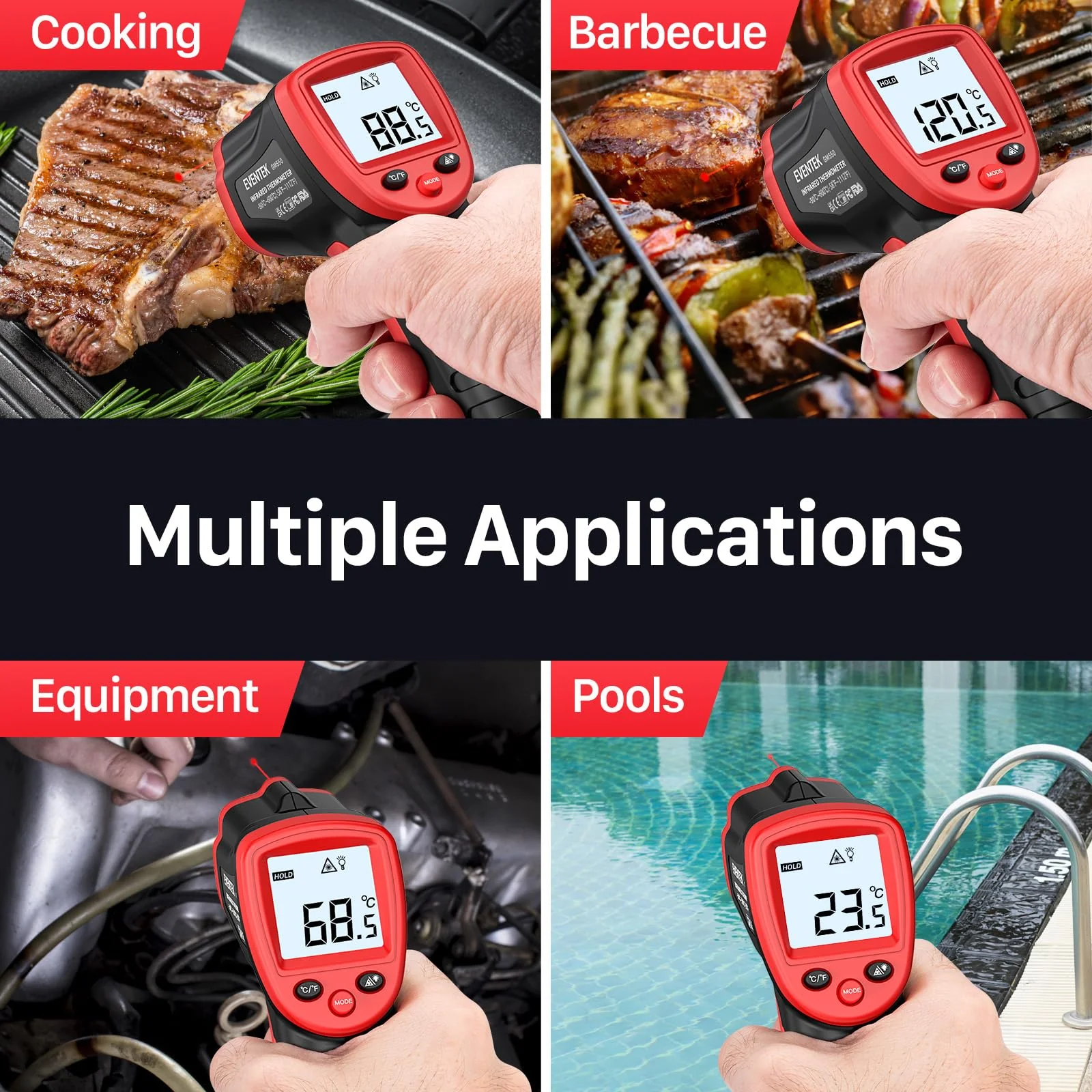 Eventek Infrared Thermometer Gun -50 ° C ~ 600 ° C (-58 ° F ~ 1112 ° F), Non-Contact Laser Thermometer Gun for Cooking, Pizza Oven, Fridge, Temperature Gun with Adjustable Emissivity(NOT for Humans) Red -50°C~600°C (-58℉~1112℉) - Image 8