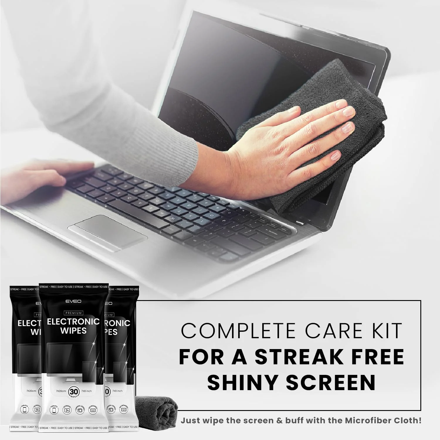 EVEO Electronic Wipes Screen Cleaner-TV Screen Cleaner Wipes, Computer Screen Cleaner, Laptop Screen Cleaner, ipad & Monitor Cleaner, TV Cleaner Screen Cleaning Wipes - [90 Wipes + Microfiber Cloth ] 3 pack (90 wipes) - Image 3