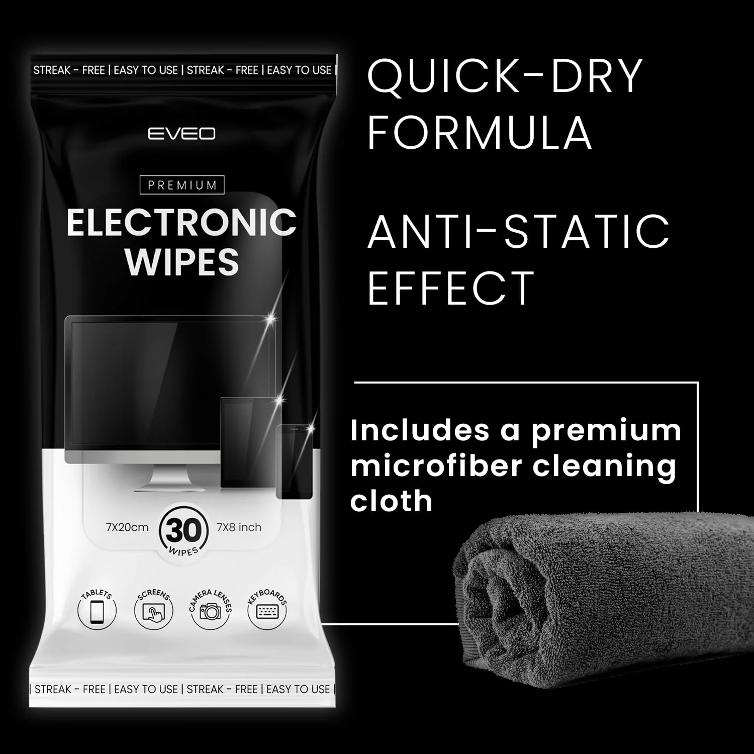 EVEO Electronic Wipes Screen Cleaner-TV Screen Cleaner Wipes, Computer Screen Cleaner, Laptop Screen Cleaner, ipad & Monitor Cleaner, TV Cleaner Screen Cleaning Wipes - [90 Wipes + Microfiber Cloth ] 3 pack (90 wipes) - Image 5