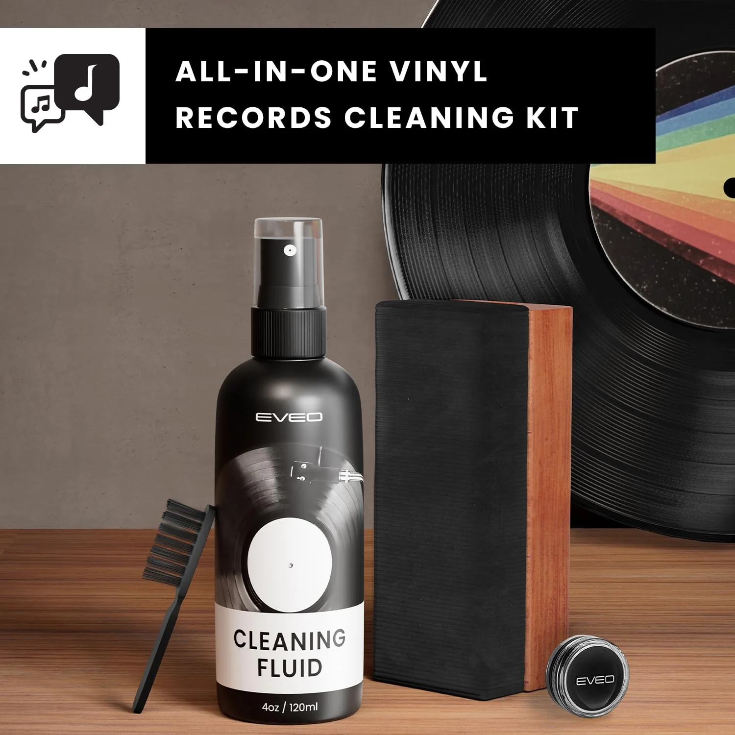 EVEO Vinyl Record Cleaning Kit - 4in1 Vinyl Record Cleaner Kit for Vinyl Records Albums. Vinyl Cleaner Includes XL Record Brush, Cleaning Liquid (4oz), Duster & Stylus Cleaning Gel - Archival Standard - Image 3