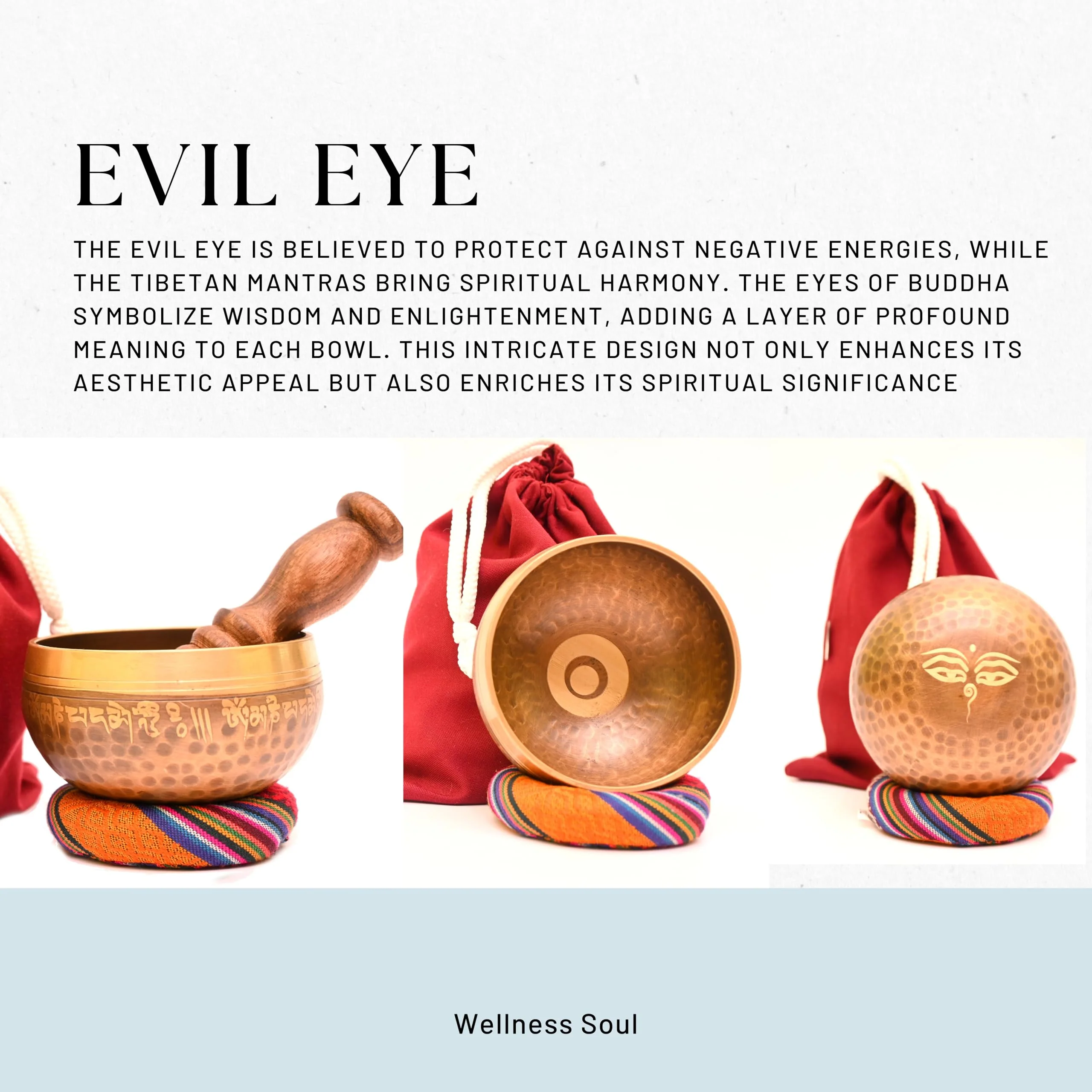 Evil Eye Tibetan Singing Bowl-Meditation Bowl with Cushion, Mallet and Carry Bag-Handcrafted in Nepal- best for Yoga, Chakra Healing, Mindfulness, and Stress Relief-Spiritual Gifts for Women and Men - Image 3