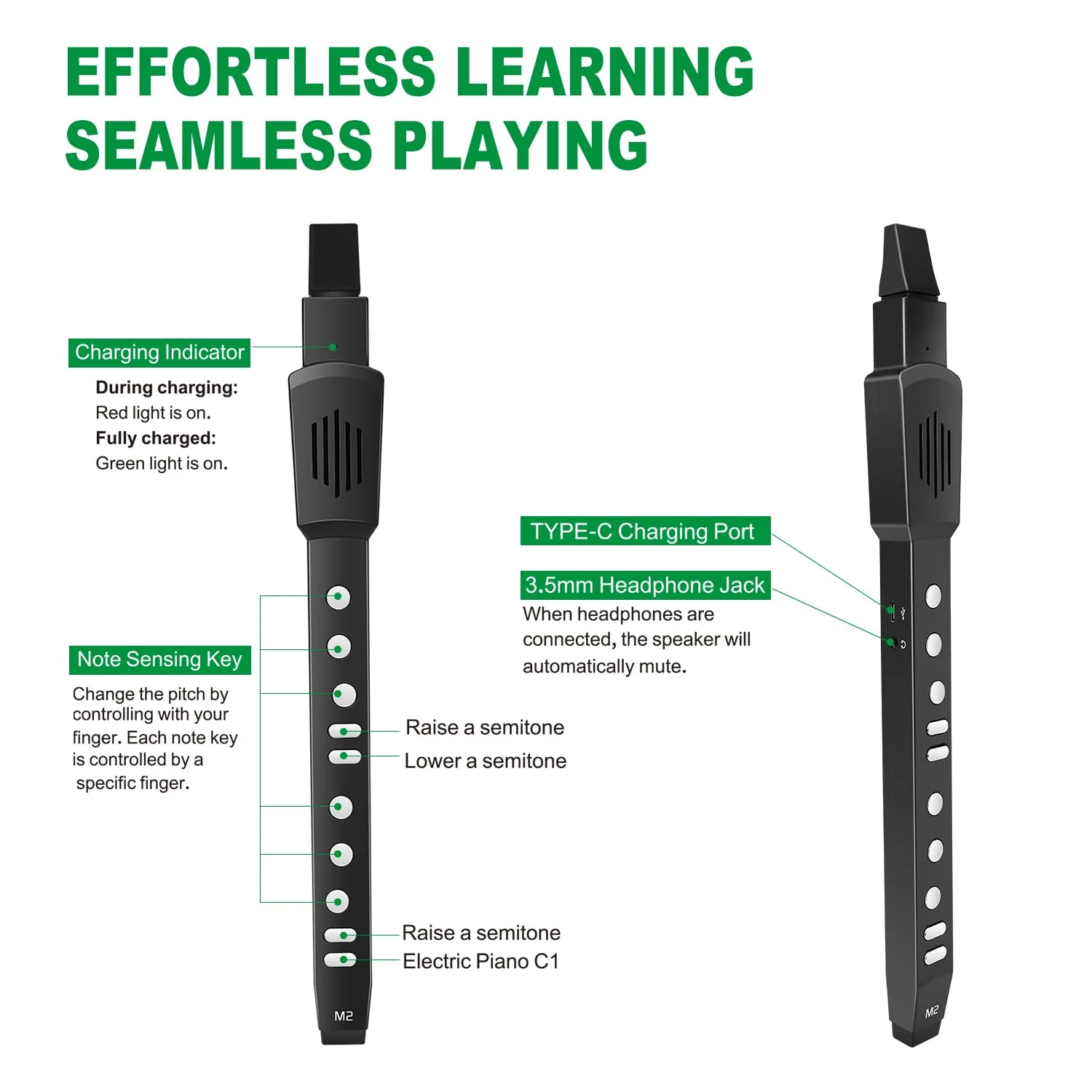 EX Digital Wind Instrument with 12 Tones, 3 Fingerings, Scales, Transpose Function, Automatic Vibrato, Three-octave Option, and Blow Intensities (Black) Black - Image 4