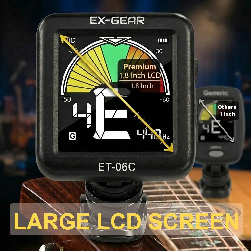 EX-GEAR Professional Guitar Tuner Clip On, Quick & Accurate Tuning with Large LCD Screen, 360° Rotatable Rechargeable Acoustic Guitar Electric Guitar Bass Ukulele & Chromatic Tuner - Image 2