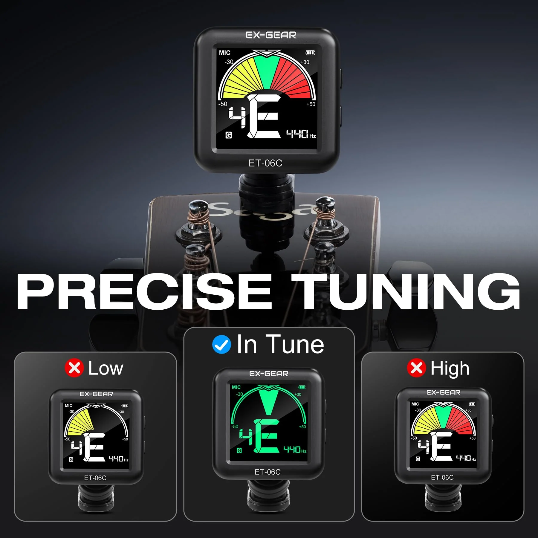 EX-GEAR Professional Guitar Tuner Clip On, Quick & Accurate Tuning with Large LCD Screen, 360° Rotatable Rechargeable Acoustic Guitar Electric Guitar Bass Ukulele & Chromatic Tuner - Image 3