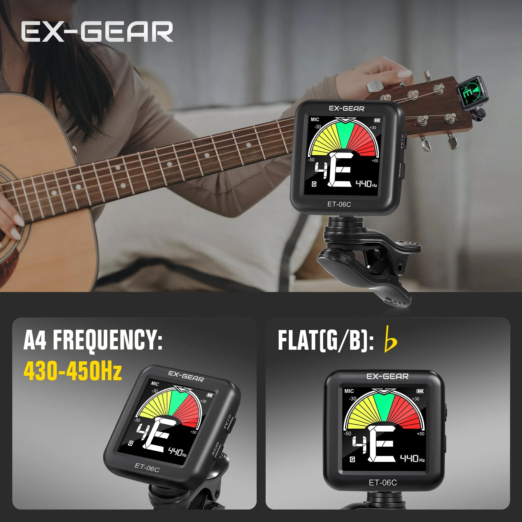 EX-GEAR Professional Guitar Tuner Clip On, Quick & Accurate Tuning with Large LCD Screen, 360° Rotatable Rechargeable Acoustic Guitar Electric Guitar Bass Ukulele & Chromatic Tuner - Image 4