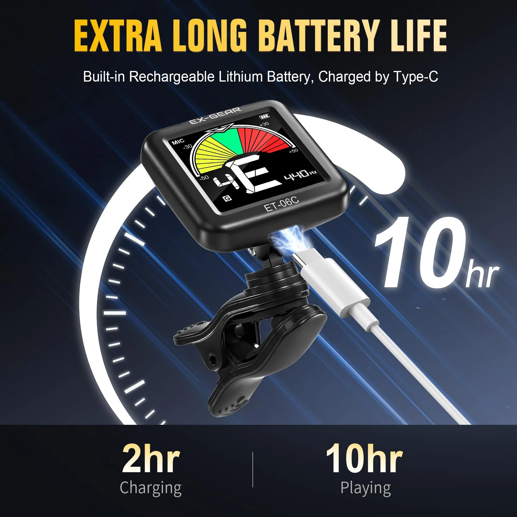 EX-GEAR Professional Guitar Tuner Clip On, Quick & Accurate Tuning with Large LCD Screen, 360° Rotatable Rechargeable Acoustic Guitar Electric Guitar Bass Ukulele & Chromatic Tuner - Image 5