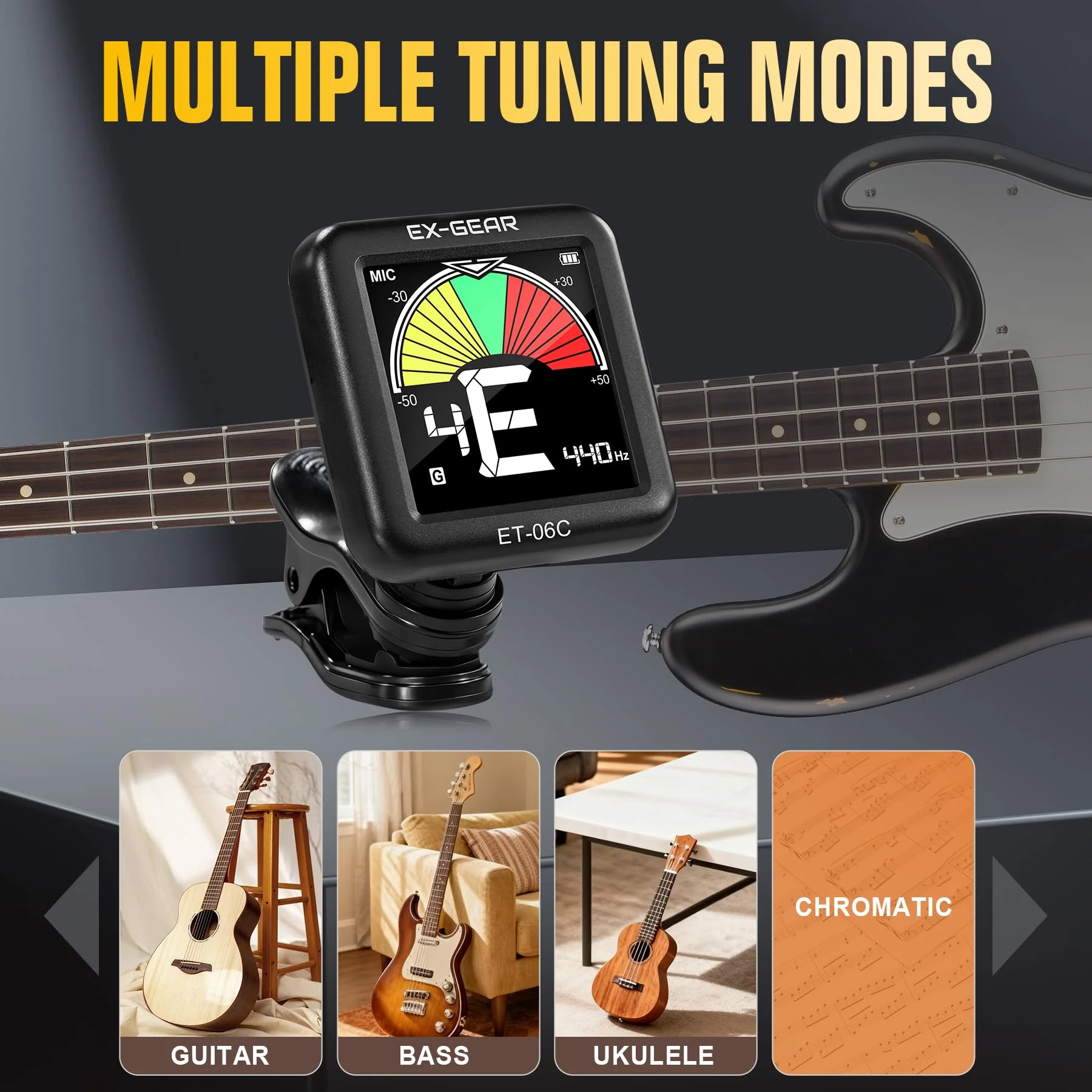 EX-GEAR Professional Guitar Tuner Clip On, Quick & Accurate Tuning with Large LCD Screen, 360° Rotatable Rechargeable Acoustic Guitar Electric Guitar Bass Ukulele & Chromatic Tuner - Image 6