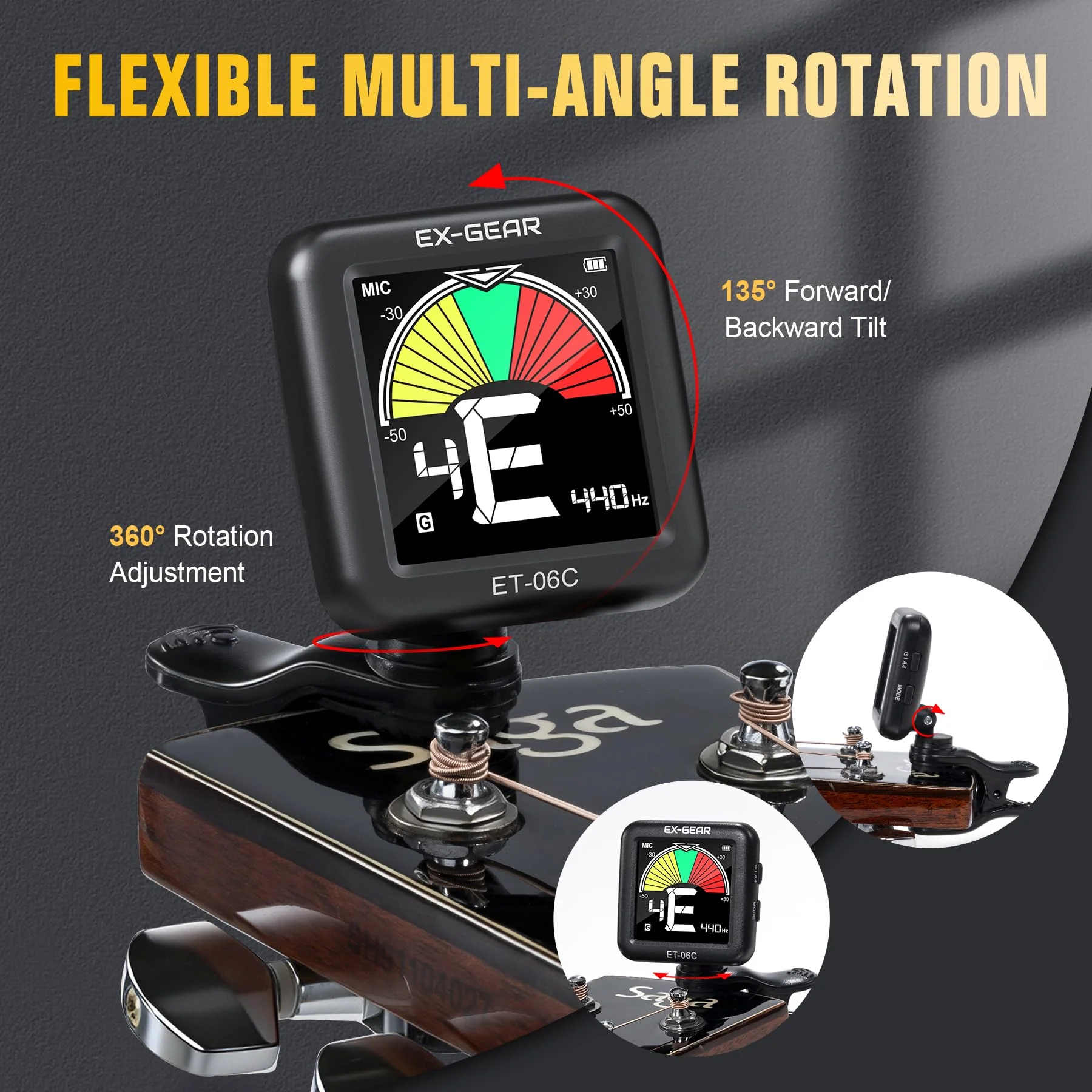 EX-GEAR Professional Guitar Tuner Clip On, Quick & Accurate Tuning with Large LCD Screen, 360° Rotatable Rechargeable Acoustic Guitar Electric Guitar Bass Ukulele & Chromatic Tuner - Image 7