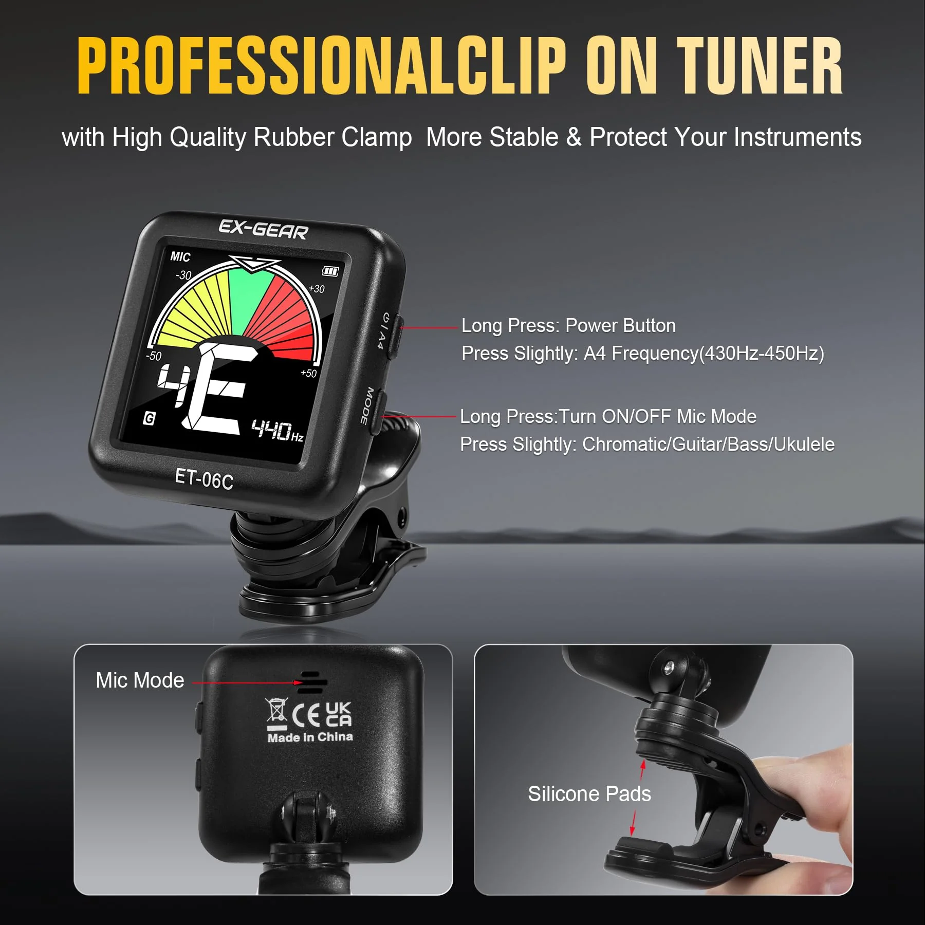 EX-GEAR Professional Guitar Tuner Clip On, Quick & Accurate Tuning with Large LCD Screen, 360° Rotatable Rechargeable Acoustic Guitar Electric Guitar Bass Ukulele & Chromatic Tuner - Image 8