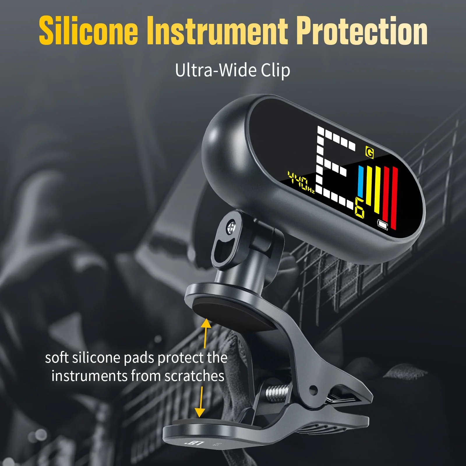 EX Professional Rechargeable Clip-On Guitar Tuner with LCD Screen - Chromatic Clip on Tuner for Acoustic Guitar, Bass Guitar, Ukulele, Violin & Chromatic Gray - Image 2