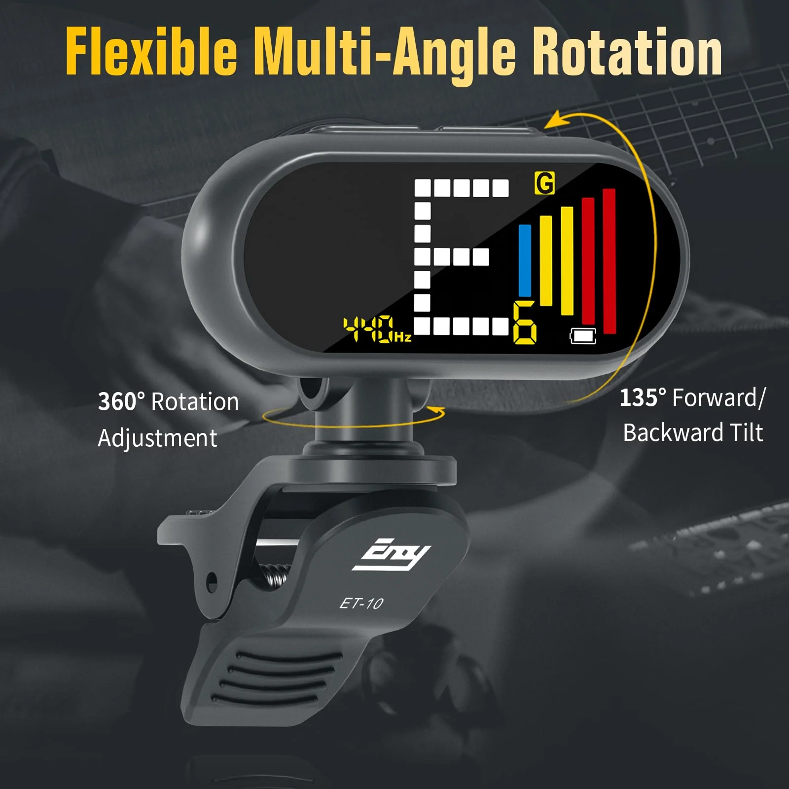 EX Professional Rechargeable Clip-On Guitar Tuner with LCD Screen - Chromatic Clip on Tuner for Acoustic Guitar, Bass Guitar, Ukulele, Violin & Chromatic Gray - Image 3