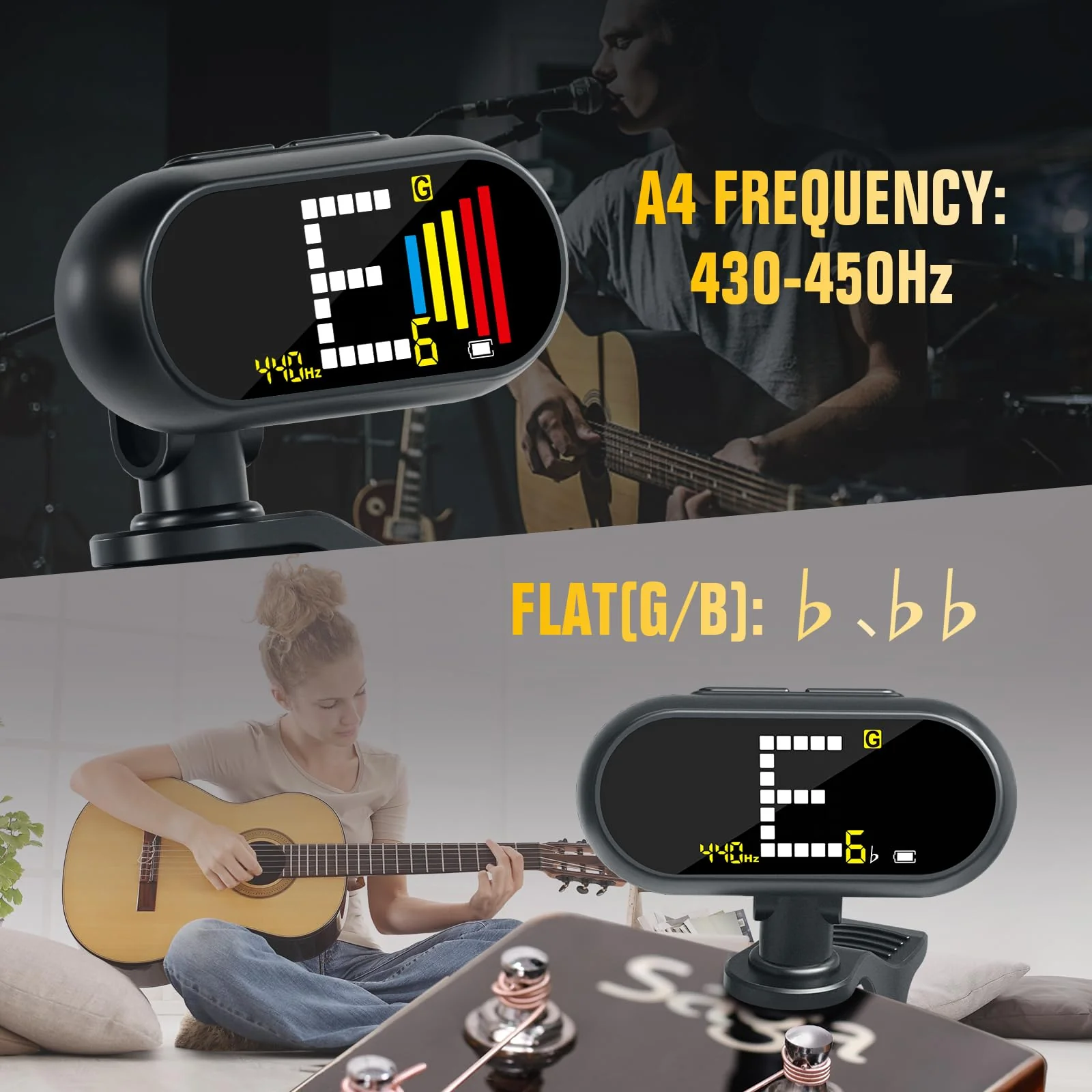 EX Professional Rechargeable Clip-On Guitar Tuner with LCD Screen - Chromatic Clip on Tuner for Acoustic Guitar, Bass Guitar, Ukulele, Violin & Chromatic Gray - Image 4