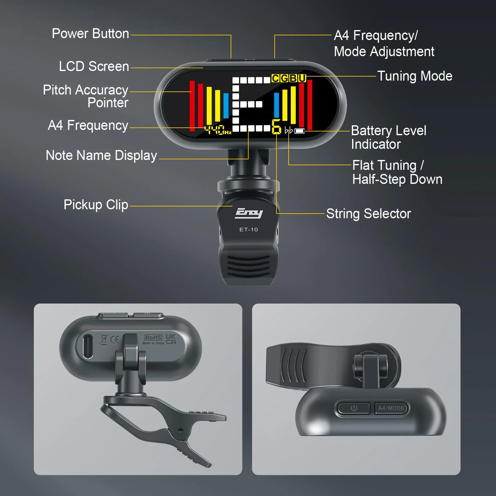 EX Professional Rechargeable Clip-On Guitar Tuner with LCD Screen - Chromatic Clip on Tuner for Acoustic Guitar, Bass Guitar, Ukulele, Violin & Chromatic Gray - Image 7