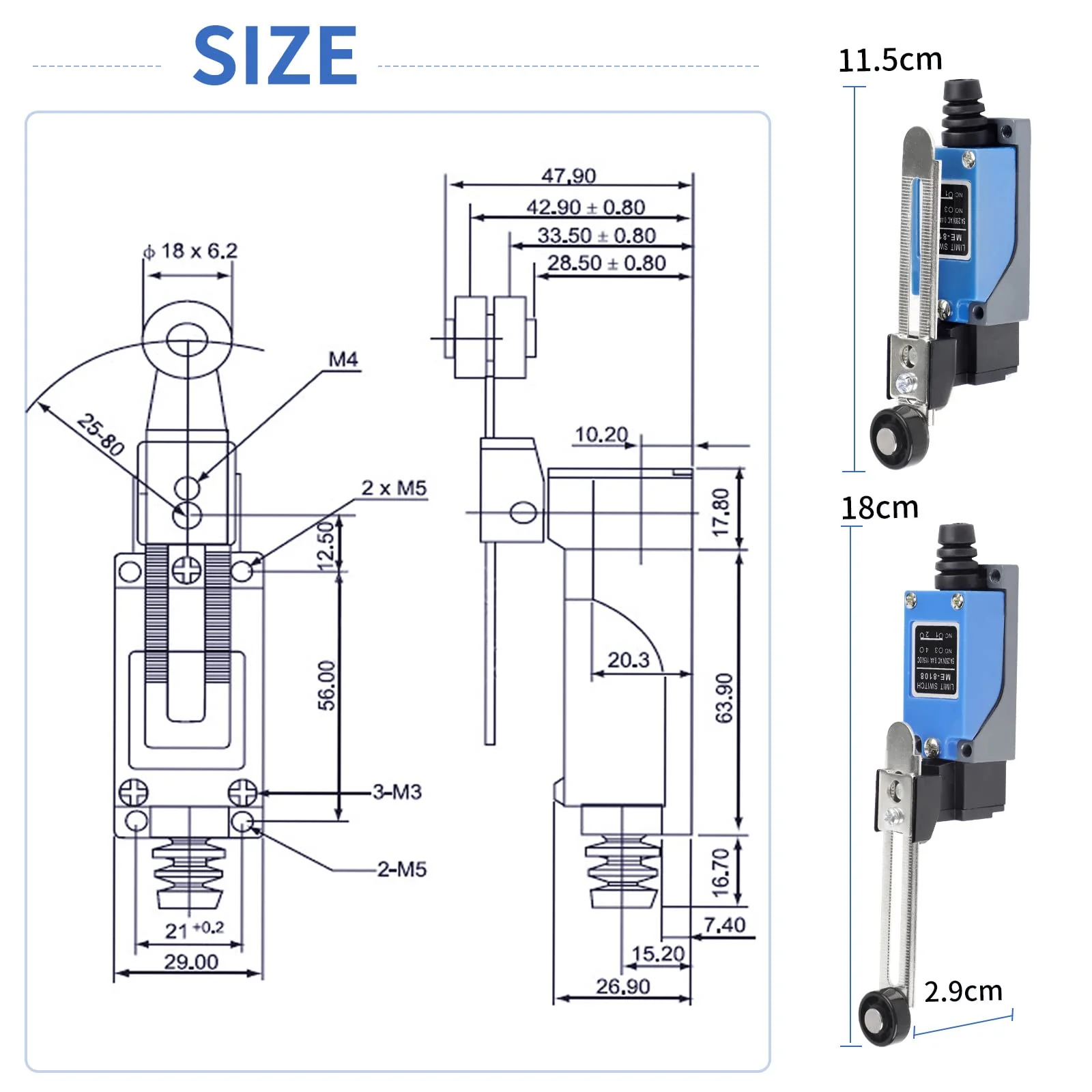 EXLECO 4 x Lever Limit Switch Adjustable Limit Switch with 5 cm Adjustable Roller Lever NO NC ME-8108 Limit Switch Self-Resetting Toggle Switch for CNC Router Plasma Electric Control Switch Pack of 4 - Image 2