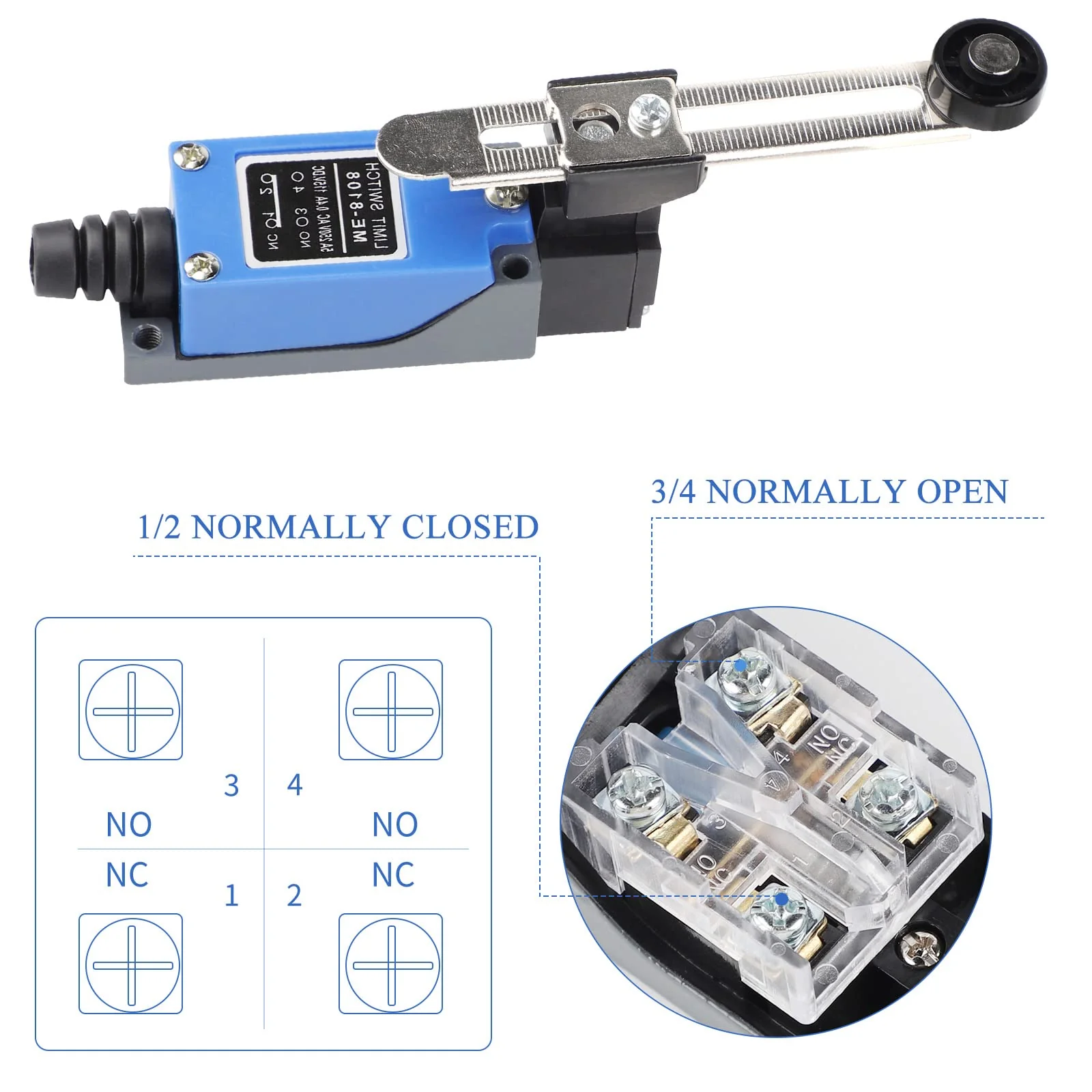 EXLECO 4 x Lever Limit Switch Adjustable Limit Switch with 5 cm Adjustable Roller Lever NO NC ME-8108 Limit Switch Self-Resetting Toggle Switch for CNC Router Plasma Electric Control Switch Pack of 4 - Image 4