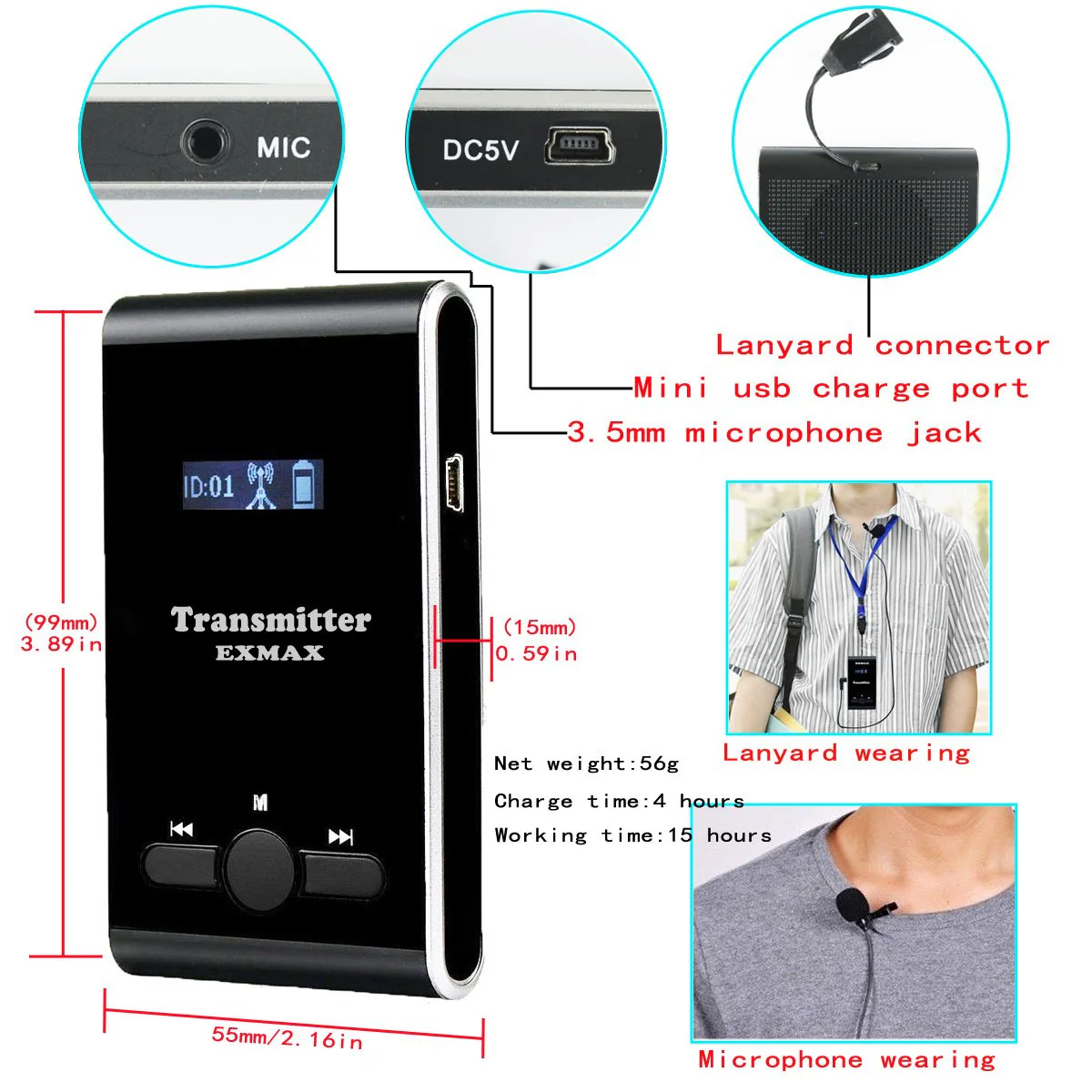 EXMAX EX-100T EX-100 Transmitter + Microphone Only for EX-100 Wireless Tour Guide System Receivers Church Translation Simultaneous Interpreting Teaching Conference Travel Museum Tour(1 Transmitter) EX-100T-1T - Image 3