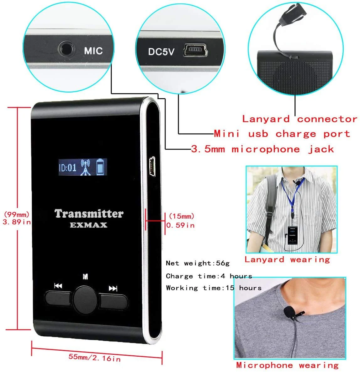 EXMAX Wireless Tour Guide Microphone Church Translation System ATG-100T 195MHz Interpretation Systems for Meetings Houses of Worship Schools Municipal Buildings(1 Transmitter 1 Receivers) - Image 6