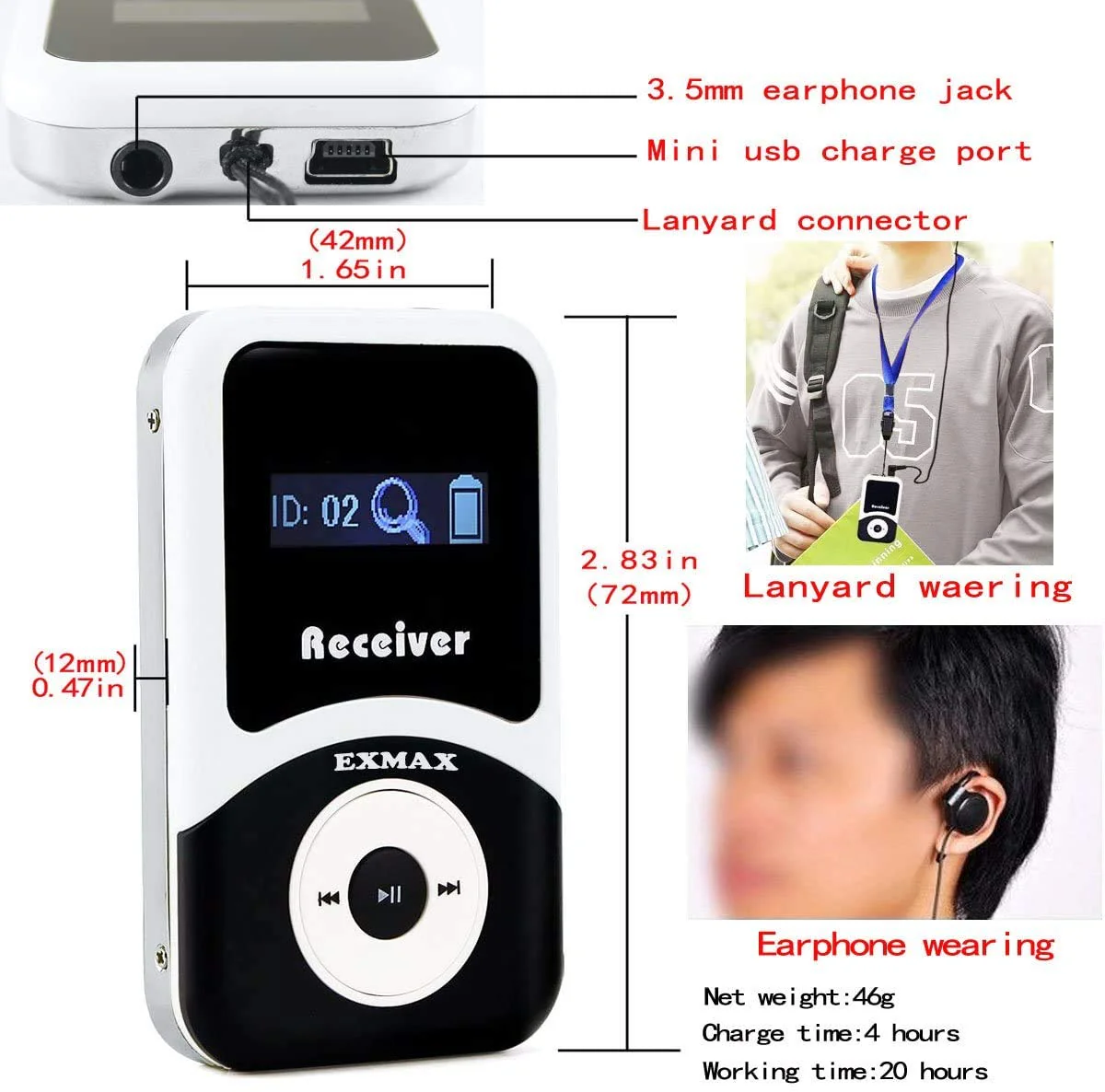 EXMAX Wireless Tour Guide Microphone Church Translation System ATG-100T 195MHz Interpretation Systems for Meetings Houses of Worship Schools Municipal Buildings(1 Transmitter 1 Receivers) - Image 7