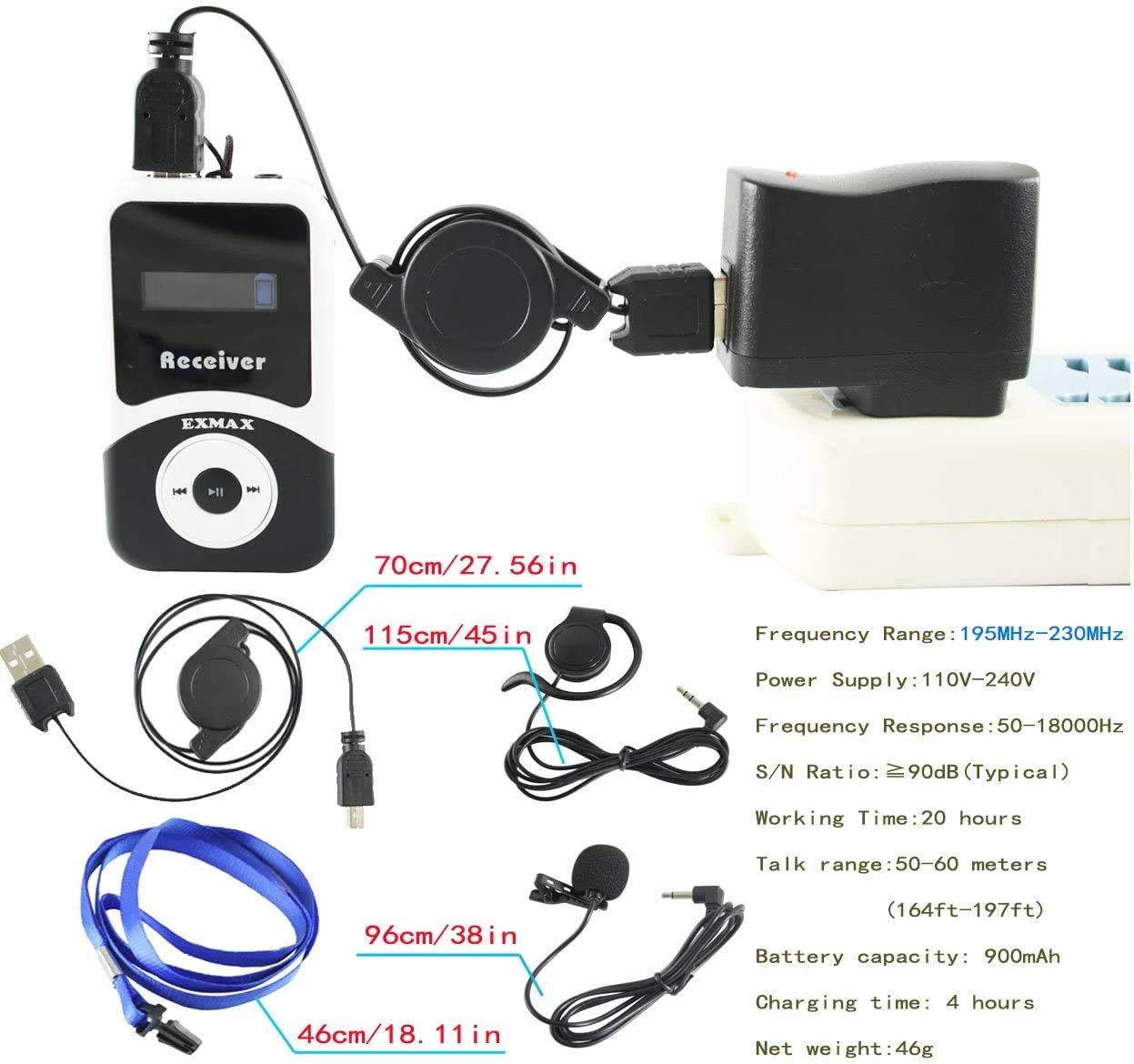 EXMAX Wireless Tour Guide Microphone Church Translation System ATG-100T 195MHz Interpretation Systems for Meetings Houses of Worship Schools Municipal Buildings(1 Transmitter 1 Receivers) - Image 9
