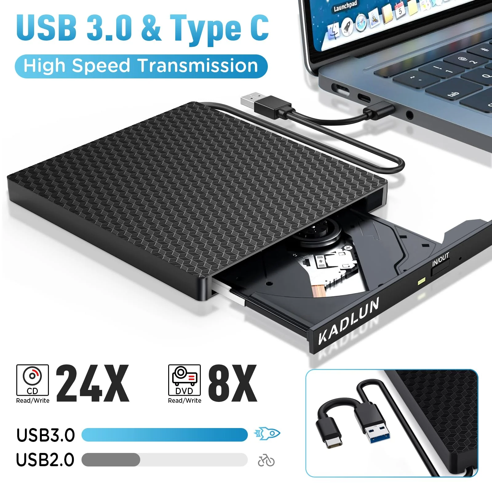 External CD/DVD Drive External USB 3.0 USB C External CD Drive for Laptop Desktop PC MacBook iMac, DVD +/-RW Burner Optical Drive External DVD Drive for Windows 11/10/8/7/XP/Linux/Vista/MacOS - Image 2