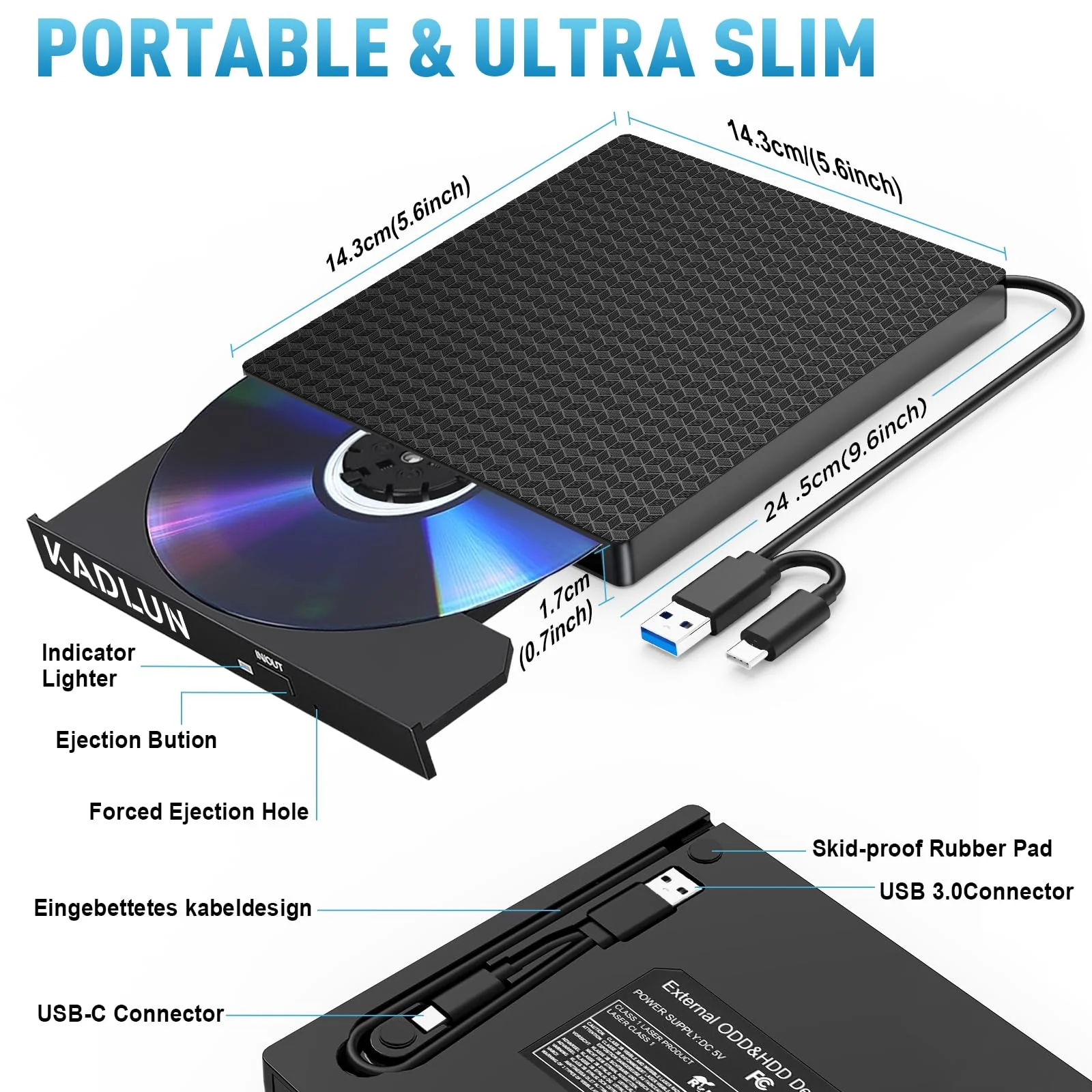 External CD/DVD Drive External USB 3.0 USB C External CD Drive for Laptop Desktop PC MacBook iMac, DVD +/-RW Burner Optical Drive External DVD Drive for Windows 11/10/8/7/XP/Linux/Vista/MacOS - Image 3