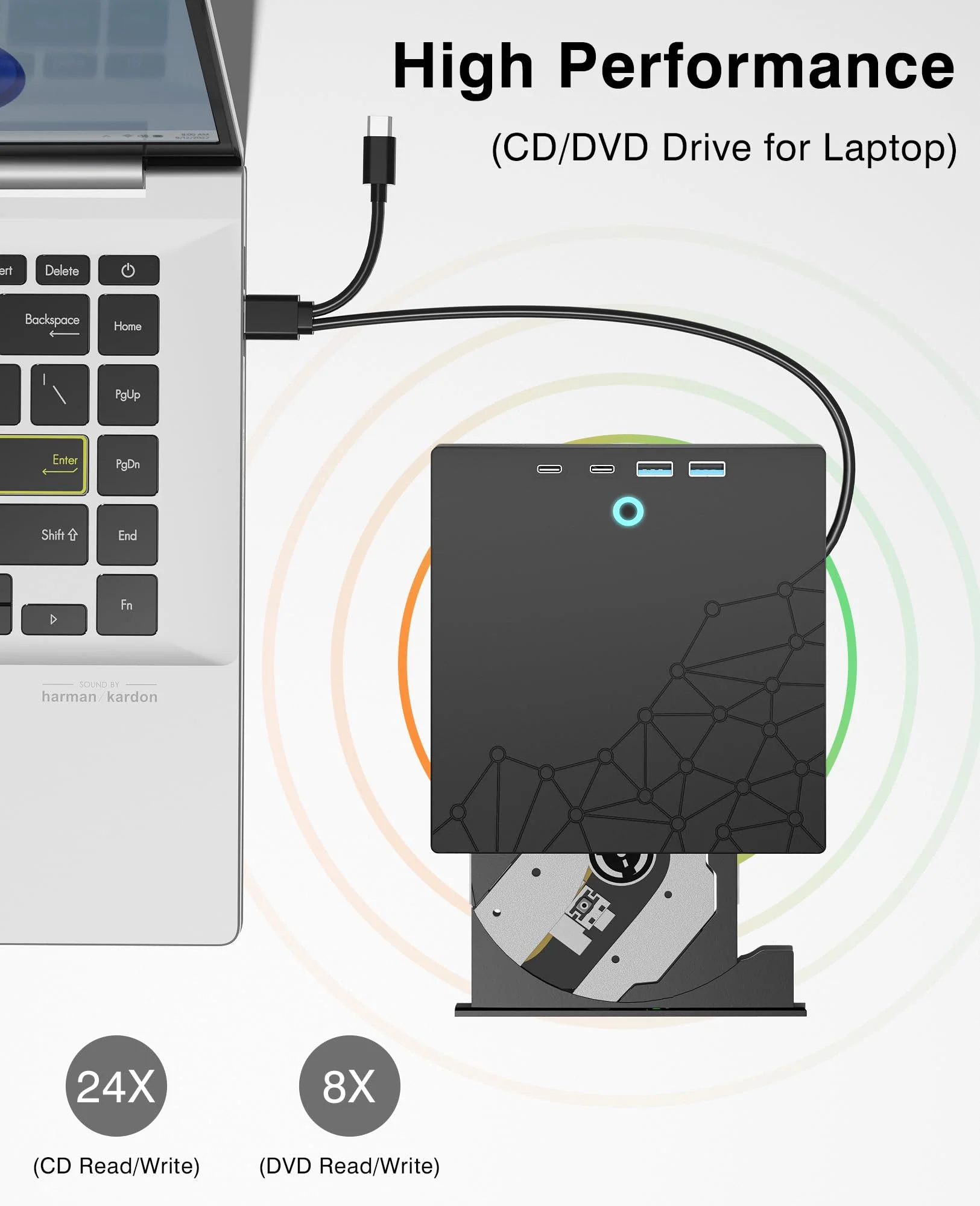 External CD/DVD Drive for Laptop, DVD Burner CD Reader for Laptop, 8-in-1 USB 3.0 Portable CD Players with SD/TF Ports, External Disk Drive Optical for MacBook Windows 11 10 PC Linux OS Black - Image 4